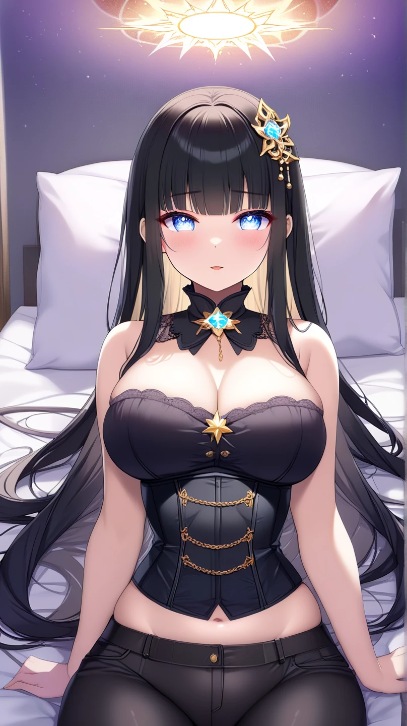 最high quality、best image quality、masterpiece、Curvy but thin body、perfect eyes, perfect face,The exact number of fingers、Exact number of legs、The exact number of armatures((bust 180:1.8)),beautiful blue eyes、1 girl:4.0、milking(Own),expose one&#39;s chest,beautiful nipples、beautiful big breasts(erect nipples:1)、sexy look、big breasts, 、black stockings、light blue short hair（inwardly curled hair）、thin、((Sexy navy elegant outfit 1.8)),from head to calf、black wristband on wrist、Golden star-shaped hair ornament、Golden Necklace、red face、Slippery texture)）high quality、beautiful art、With background((bed)))、visual art、written boundary depth、One earring in each ear、mole under eye、beautiful thighs 