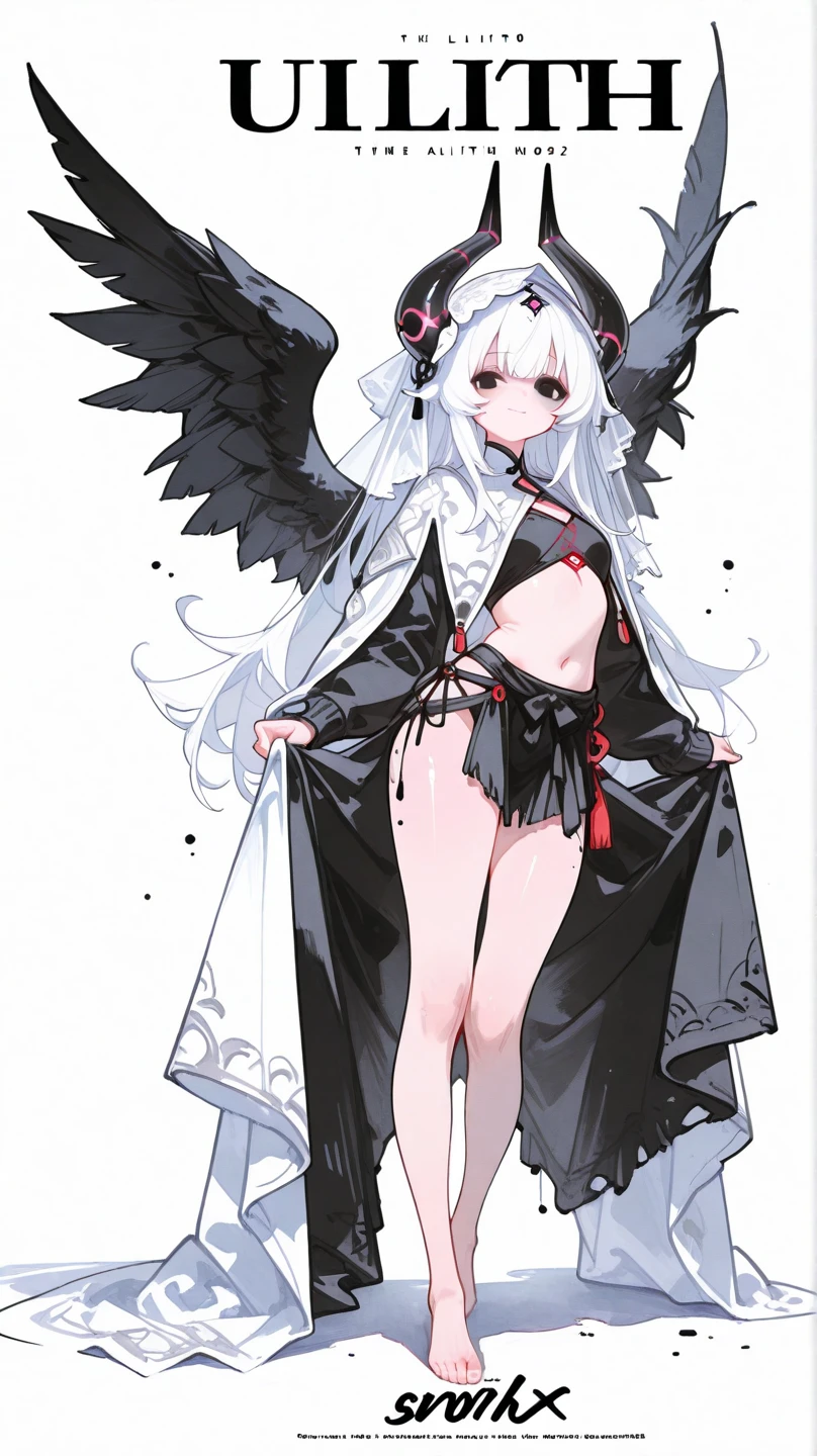 solo, child,1girl, horns, wings, heterochromia, dress, barefoot, long hair, white background, yellow eyes, white hair, simple background, white dress, black wings, jewelry, full body, very long hair, feathered wings, eyebrows visible through hair, looking at viewer, bare shoulders, dark skin, anklet, dark-skinned female, bangs, black eyes, gloves, black gloves, curled horns, (half-closed eyes, evil smile, blush:1.2),sketch, long sleeves,(large breast),(covered nipples)