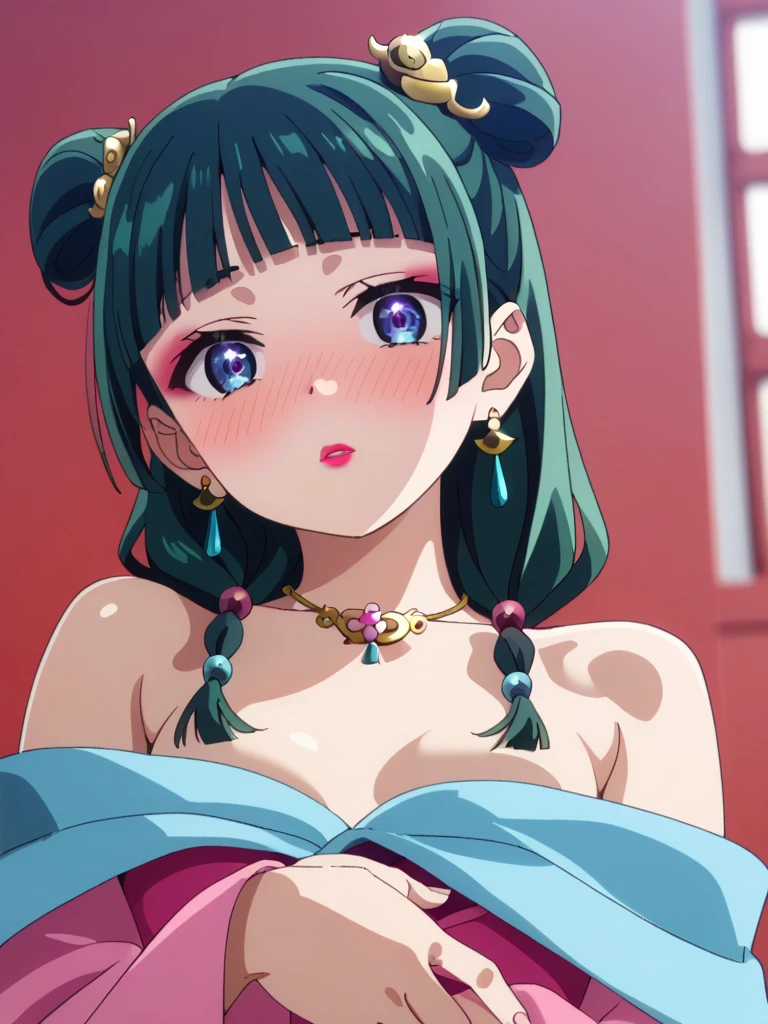 The situation is lying about sex.. and open the legs. lying down having sex in the vagina. Vagina and female genitals.All in all,Dark green hair,blue eyes,hair accessories, bun, earring,earring,Gold Necklace、red eyeshadow((Very realistic shading, table top, very detailed, realistic)),chest, tits, chestเล็ก