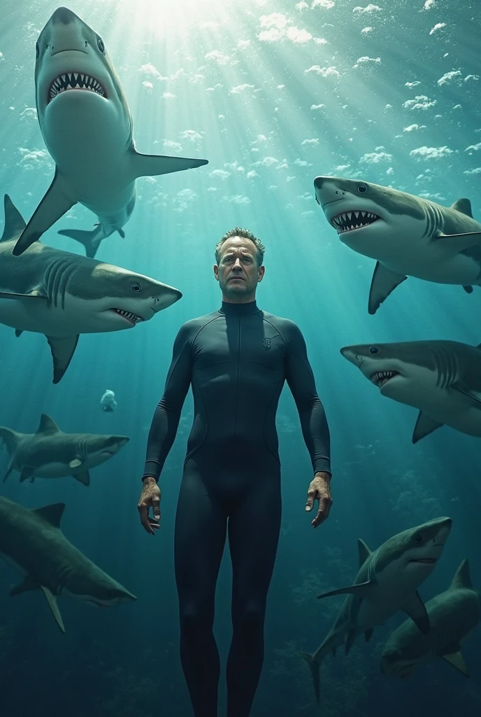 A black man swimming with sharks