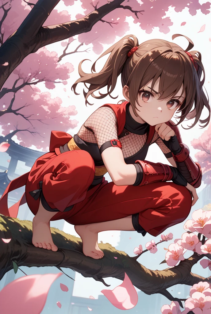 masterpiece, high res, detailed face, detailed eyes, 1 girl, solo, wind, slender, angry, short hair, brown hair, brown eyes, pink outfit, japanese gauntlets, fishnet, full body, ninja pose, kunai, cowboy shot, cowboy shot, indoors, japanese hut, sitting, blushing, worried <lora:Kasumi:1>