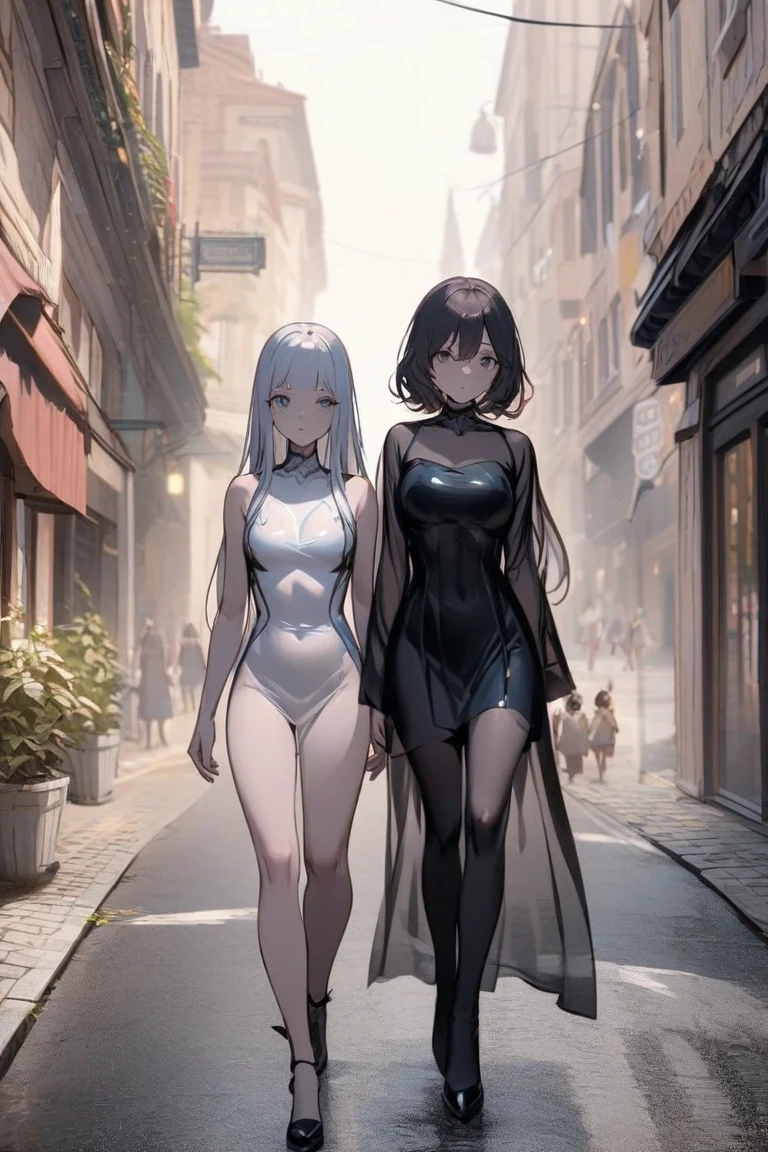 ((best quality)), ((masterpiece)), (detailed), perfect face a beautiful white-toned girl with black and silver hair wearing glasses and skin-fit black clothes, green eyes, glossy skin. detailed skin, pink lips with a spear in hand a tiara on her head, full body display walking through an alley, not naked,