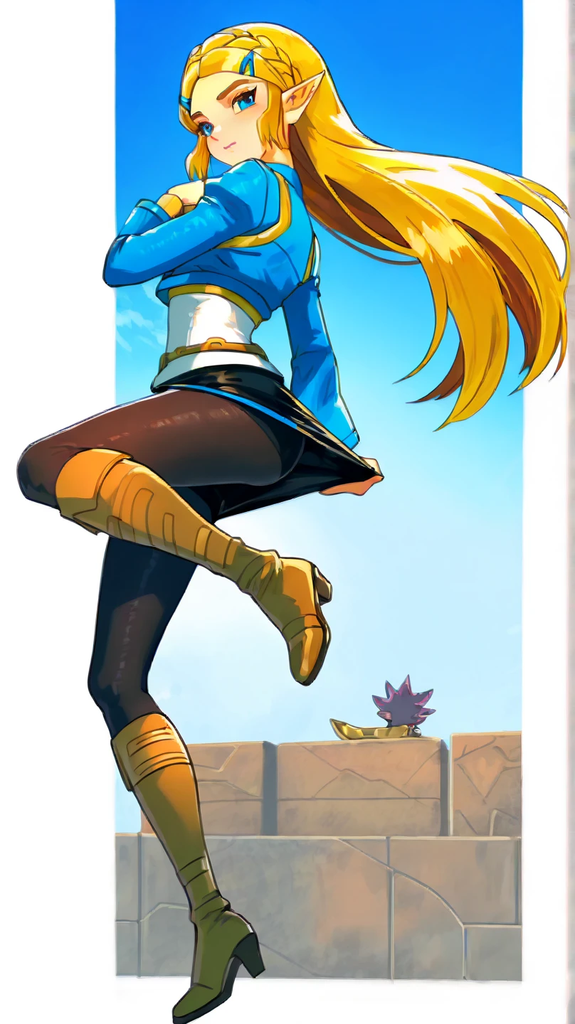 zPDXL, zPDXLxxx, score_9, score_8_up, score_7_up, score_6_up, score_5_up, score_4_up, BREAK StardewValley, Pixel art, sam \(totally spies\), 1girl, long hair, solo, hero pose, standing confidently, one leg slightly forward, arms akimbo