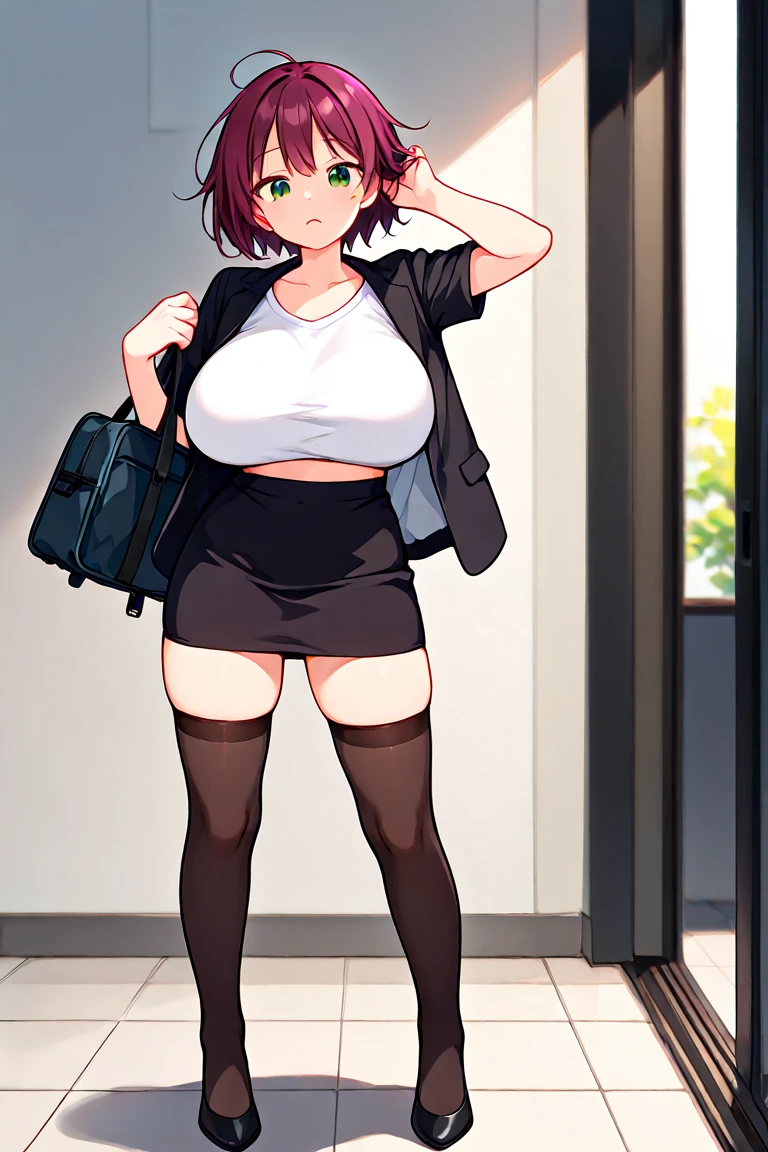 (((kipteitei art))), ((masterpiece)), (((best quality))), ((ultra-detailed)), (((illustration))), (1girl), (solo), ((Line art)), (in the style of cell shaded), (vivid colors), skindentation, short hair, {black hair}, ((hair over one eye)), (Fluffy hair), messy hair, looking at viewer, green eyes, blush, warm smile, nervous, affectionate, cute, goth girl, sweating, out of breath, ear piercing, choker, ((black crop top)), plaid skirt, (short skirt), thigh highs, black arm warmers, medium breasts, cleavage, ((wide hips)), ((((thick thighs)))), (chubby belly), (belly rolls), ((Belly grab)), navel, dynamic pose, simple background, standing, angled facing, facing to the side, ((mall lobby)), in public, on date with viewer,