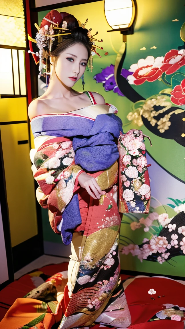 ((masterpiece(:1.4),Highest quality,Ultra-high resolution,Highest quality,8k,Extremely detailed,In detail))。night,Japanese,(A beautiful woman),glossy,slim,Large Breasts(1.6),sexy,glamorous,Golden Ratio Style,Perfect Style,whitening,Flashy gal makeup,Red light district,Bedroom,Oiran,Prostitute,Sunny day outfit,Uchikake,Gold brocade,((A gorgeous kimono)),A cutting board belt tied in front,Hair tying,hairpin,hair ornaments,Gorgeous costumes,Beautiful standing posture,Presence,Exude sex appeal,