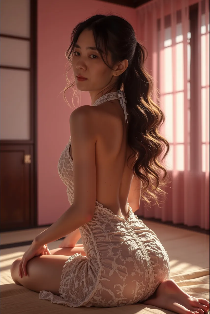 (A masterpiece of image quality in 8K),(Beautiful Allafed Woman),(((emphasizing breasts:1.3))),(Dynamic angles),(Dynamic and sexy bending pose:1.3),(sit a chair:1.3),(Short hair in shiny silver and orange inner colors,large full breasts,Disturbance of clothing due to movement,breast slip,(Ponytail twisted buns adorned with elaborate braids and beads,Braided Setup Fishbone Hair,),(see-through bangs),Huge breasts、(((A white lace apron that shows your bare skin from under your big breasts.......)))、Blush with embarrassment、Enraptured eyes、A smile that beguiles the viewer、(Look back:1.7)、Look into the photographer,skin glistening with sweat,gazing at viewer,,(Professional Lighting),(8K,masutepiece,top-quality,Ultra-high resolution output image,),(Ultra HD with complex detail image modes),depth of fields,Beautiful hands,Beautiful fingers,Detailed finger features,(Detailed hair features:1.7),detailed facial features,detailed clothes features,