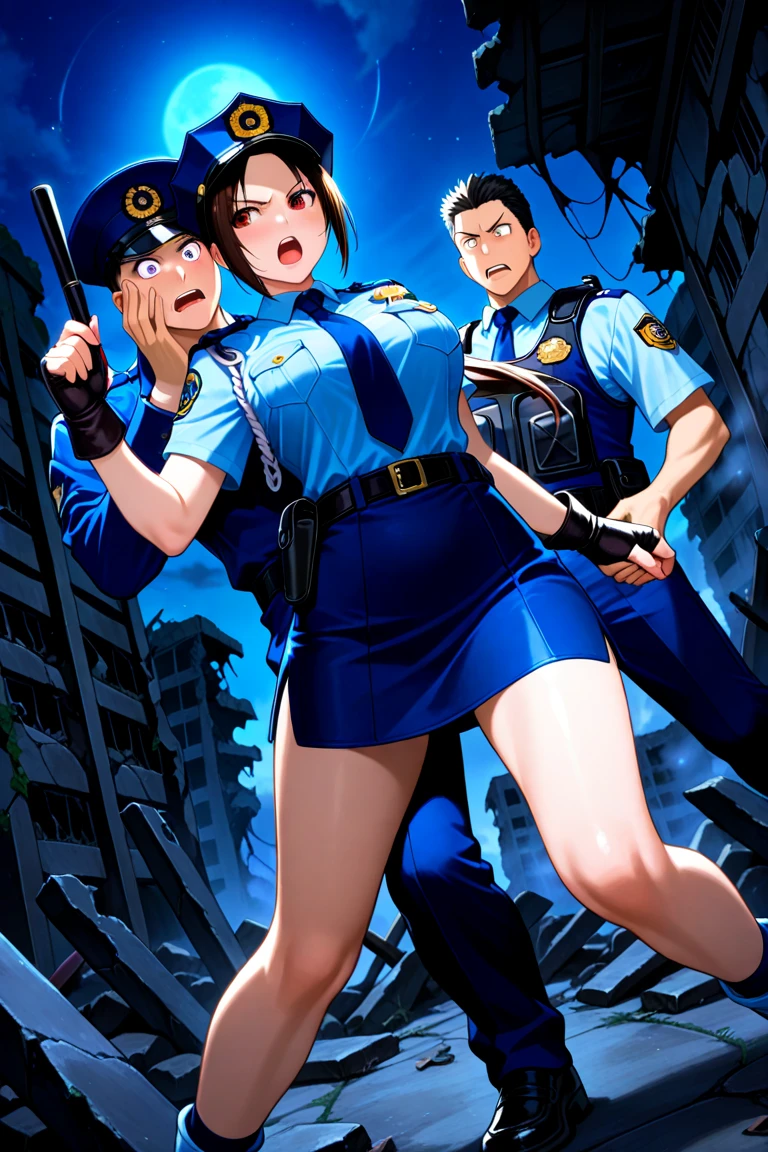 ((female anime police officer with perfect figure beautiful breasts and hips, she is dressed in black trousers and a wet police blue shirt through which her bare breasts are visible, she frowned with anger)), ((in detail down to the smallest detail, Best quality, masterpiece))