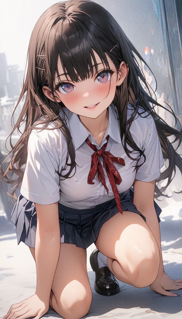 ((Dark blue shrugs his knees and spreads his legs wide、((brown lowfelonze hair (Squat down so I can see her exposed .)))(cat shot)single eyelid Kirinaga eyes small face beauty beautiful and fine eyes、super detailed、High resolution、highest quality、masterpiece、、(Japanese girls' high school uniform))、very detailed expression School classroom transcendental beauty Idol girls、((dynamic pose)))、pleated skirt、sexy smile Low - Angle