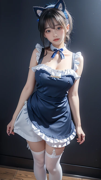 best quality, ultra-detailed, an extremely delicate and beautiful, high resolution, extremely detailed CG, masterpiece,
nelke_cos,
see-through,dress, long sleeves, striped bow,bow, striped,cleavage, striped,overskirt,striped ribbon,ascot,white mini skirt,
blue footwear, blue thighhighs,thighhighs,thigh boots,
hat.
(small breasts:1.2),(flat chest:0.5),
dynamic pose,cowboy shot,
deep blue  eyes,
short cut hair,
blunt bangs,
white  hair,

