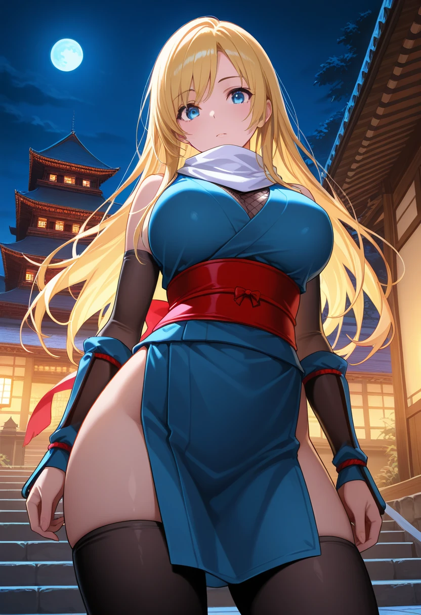 TohruDM, WTail, 1girl, full body, Woman body set big breasts, Stretch meat, kimono, obi, black kimono, red obi, wide obi, cleveage, busty, big, no panties, no bra, beautiful alluring anime woman, seductive anime girl, artwork in the style of guweiz, japanese dress, trending on cgstation, guweiz on pixiv artstation, with ancient japanese clothes, blond hair, smiling, dragon tail, girl has dragon tail, 1 tail, happy girl, 2 hands only, sakura blossoms, cherry flowers, cherry blossoms, cherry tree, cherry tree in background, covered breasts, blue sky, bright blue sky, thighhighs, sexy girl