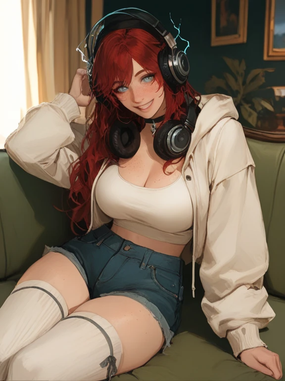 8k, masterpiece, best quality, realistic, higly detailed, cowboy shot, 1girl, solo, miku, emotionless looking girl, medium-length red hair, strands of hair hanging over the right side of her face, a set of wireless headphones that have a triangle-shaped logo on the ear cups around her neck, dark blue eyes, average height, well-endowed figure, large breasts, bangs cover her right eye, Lover