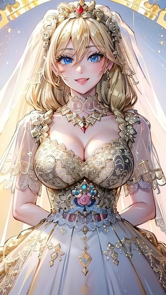 ((masterpiece)), ((best quality)), (detailed), perfect, solo, topless, golden lace bikini bottom, , bride, skirt, blonde