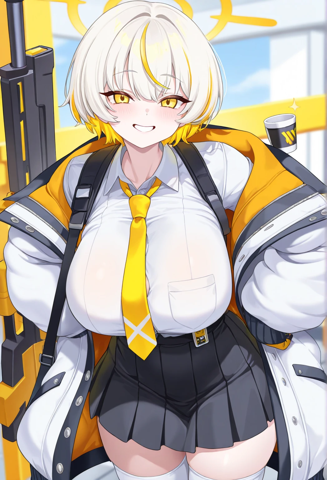 (masterpiece, official art), 1girl, silver hair, green eyes, hair ornament, shirogane_noel, (school uniform), (white sweater), (skirt), (upper body), (closeup), (gigantic breasts), looking at viewer, grin, (closeup), (hands behind head), (upper body), short hair, exoskeleton combat suit , (gigantic tits:1.2) , thick thigh , gigantic hip ,gold hair , short hair , cable attached to the whole body , folded with char , small room , surrounded by sci-fi machinery ,wedged into sci-fi machinery , folded in sci-fi machinery ,vaginal object insertion , sex machine, full body formal suit and tie