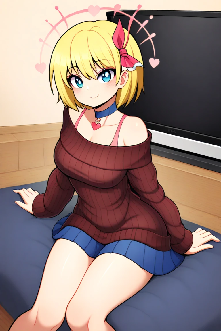 medium firm breasts, busty beautiful ((1cute and beautiful girl, blue eyes)), ((multicolored bob yellow hair with bangs))extremely sexy body, (red strapless sweater with pleated skirt)), ((sweater)), parted lips, blush, (looking at viewer), in beautiful romantic in the on the sofa sitting in a pose