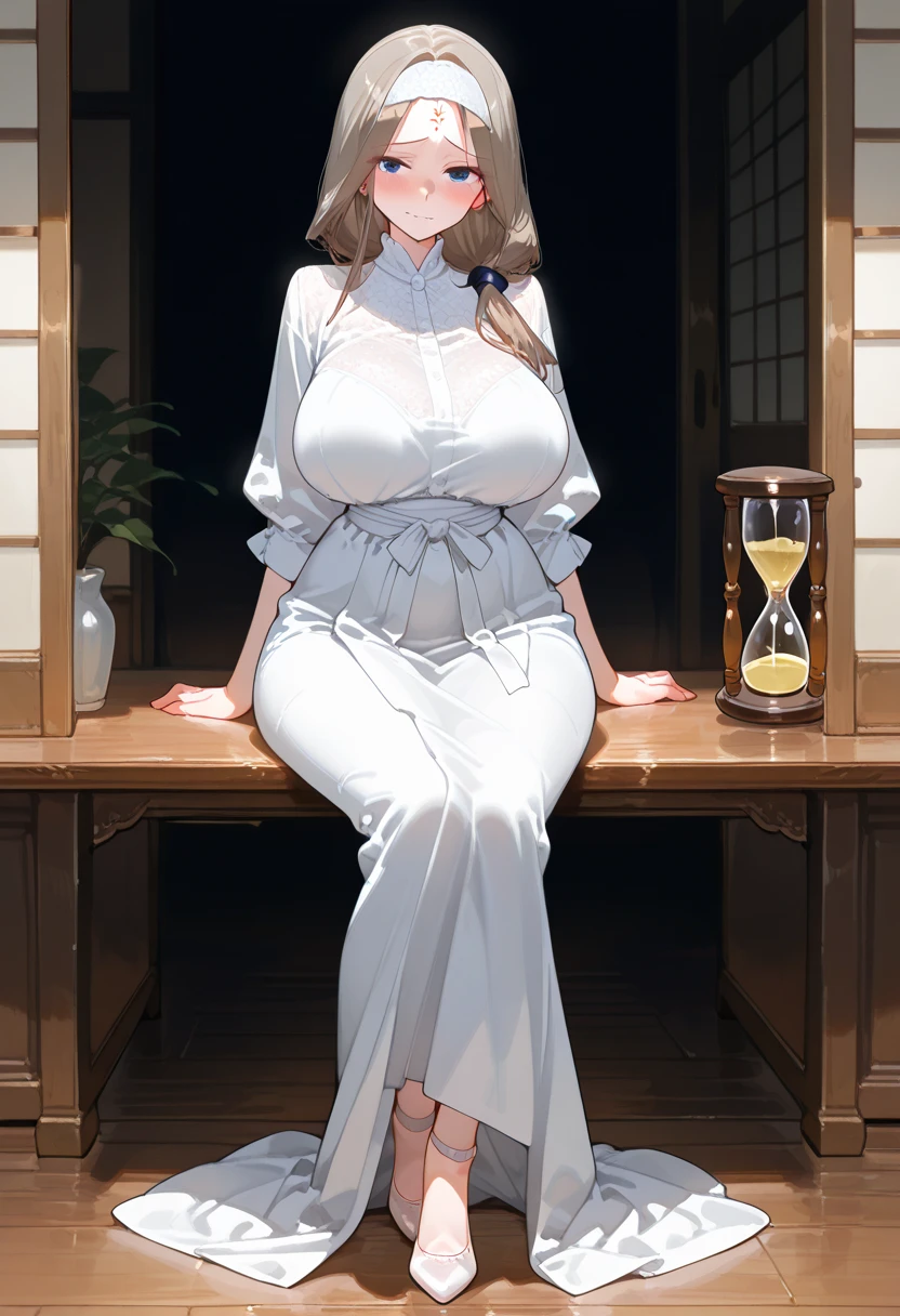 1 girl, game CG, bathrobe, gigantic breasts, silver hair, short hair, french braid, yellow eyes, hotel, night, wine, sitting in chair, table, blush,