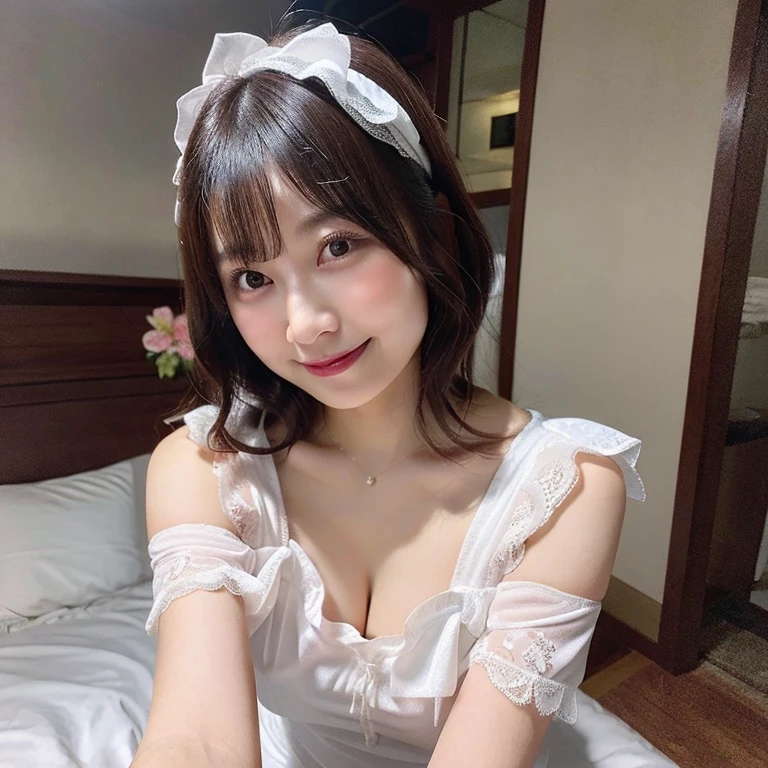 masutepiece, Best Quality, Illustration, Ultra-detailed, finely detail, hight resolution, 8K Wallpaper, Perfect dynamic composition, Beautiful detailed eyes, Top and bottom pink underwear,Bob Hair, mid-chest, Natural Color Lip, Random and sexy poses,Smile,20 years girl、Colossal 、Hospital Rooms、White nurse cap、White tights、White nurse uniform、Panchira、Pinching a syringe in the chest