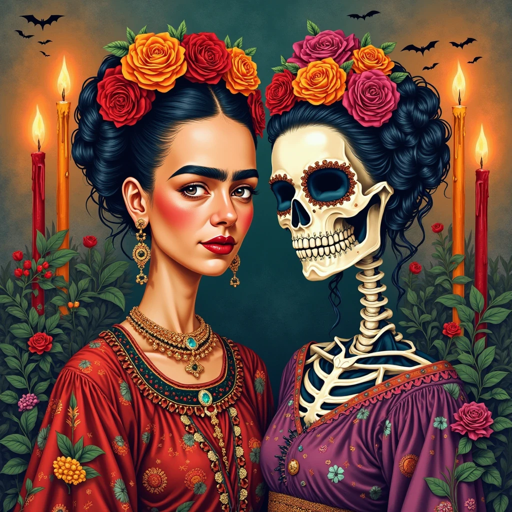 "Catrina's Reflection": A reflective composition capturing Catrina La Muerte gazing into a mirror, revealing a blend of her vibrant, living self and her skull visage, symbolizing the introspection and contemplation of mortality, Surrealism, color field printing, high detail, UHD, 8k, anatomically correct, cinematic lighting 4d quality --auto --s2
