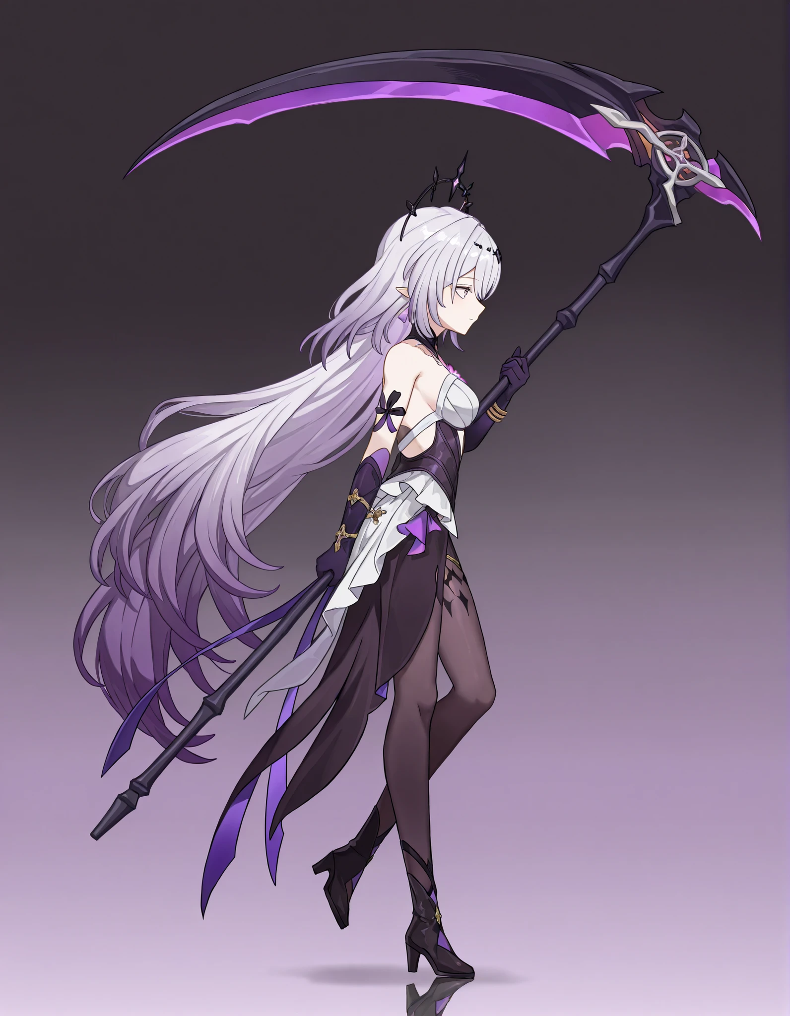 masterpiece, best quality, amazing quality, very aesthetic, high resolution, ultra-detailed, absurdres,
1girl, woman, solo, alone,(side shot, full body shot:1.2), castorice_(honkai:_star_rail),  limbus company, Limbus_Chibi_Artstyle, chibi, scythe, wielding purple scythe,
BREAK, depth of field, volumetric lighting
 