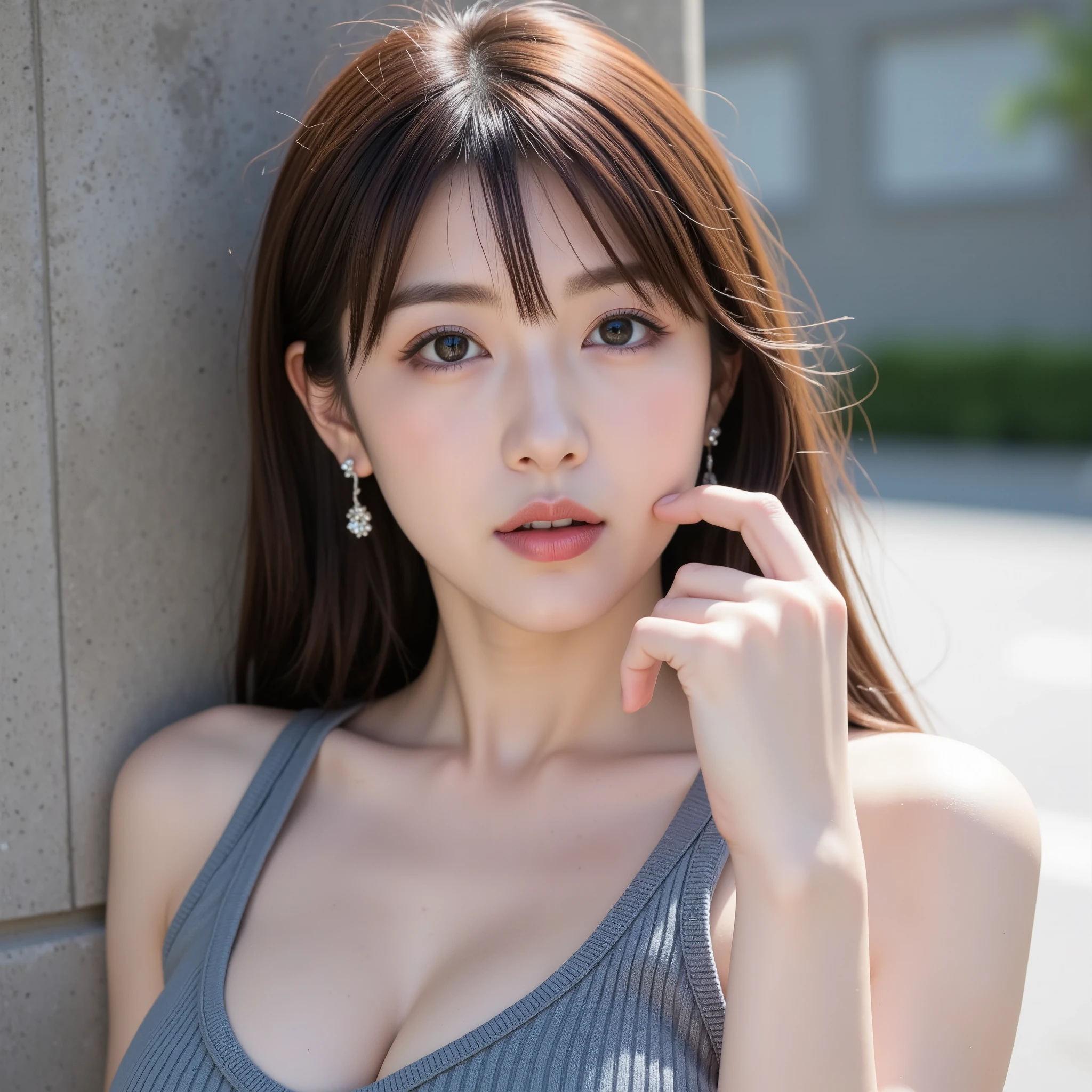 NSFW, (Uncensored), (Top Quality), (Ultra-Precise CG 16K Wallpaper), (Realistic), (High Saturation), (Sharp), Beautiful Detailed Shading, Beautiful Natural Lighting, Beautiful Detail Glow, Natural Light, Depth of Field, (Mature 24-year-old Woman, One person), (Beautiful Japanese Face), (Straight Long Hairstyle), (Shiny Brown Hair), (Sparkling Eyes), (C-Cup Size Breasts), (Cleavage), (Beautiful Breasts), (Beautiful Legs), (Beautiful Skin), Beautiful Proportions, (Afternoon Sunlight), (Woman Smiling with Mouth Open: 1.3), (The woman is looking at me), (Woman Wearing a Blue-Gray Ribbed Knit Tank Top), (Wearing Sparkly Earrings), (Pose with Index Finger on Lips), (Concrete Wall), (Full Screen Image), (Close-up Shot of Woman's Face), (Image of Woman Looking from Diagonal Front), (Woman Leaning Against Wall),