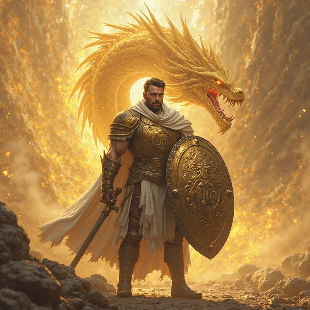 The image you shared is an epic and dramatic scene, full of action and symbolism.
In the center of the image, A majestic warrior with brilliant and complex armor is found, made of a material that appears to be metallic and shiny, with numerous sharp and ornamental details. The warrior wears a spiked helmet surrounding his head., giving it an imposing and almost divine appearance. Above his head, A golden halo radiates light, suggesting a sacred or heavenly character. His expression is one of determination and power as he wields a long sword that appears to be made of pure golden light..
The warrior is in the middle of a confrontation with a terrifying creature: a dragon with red, scaly skin, with horns and yellow eyes that shine with fury. The dragon is breathing fire, that crosses with the warrior's luminous sword. The dragon's claws are extended, as if trying to defend or attack in a last desperate effort.
Around it, There is a crowd of robust men, Many of them with bare torsos and armed with lit torches.. They are watching the battle with expressions of wonder and fervor.. Some seem to be shouting or cheering., while others watch in admiration or surprise. The crowd gives a feeling that this confrontation is a crucial event or a decisive battle..
In the background, You can see a large pyramid, similar to the pyramids of Egypt, which adds an element of antiquity and mysticism to the scene. The sky is covered with dark clouds, and on both sides of the image, you can see angels flying, watching the battle from above. The angels have outstretched wings and also appear to be in the middle of an action., suggesting that this is a clash between heavenly and demonic forces.
The lighting of the image is dramatic, with strong lights and shadows that highlight the shine of the warrior's armor and the fire emanating from the dragon, creating a powerful contrast that
