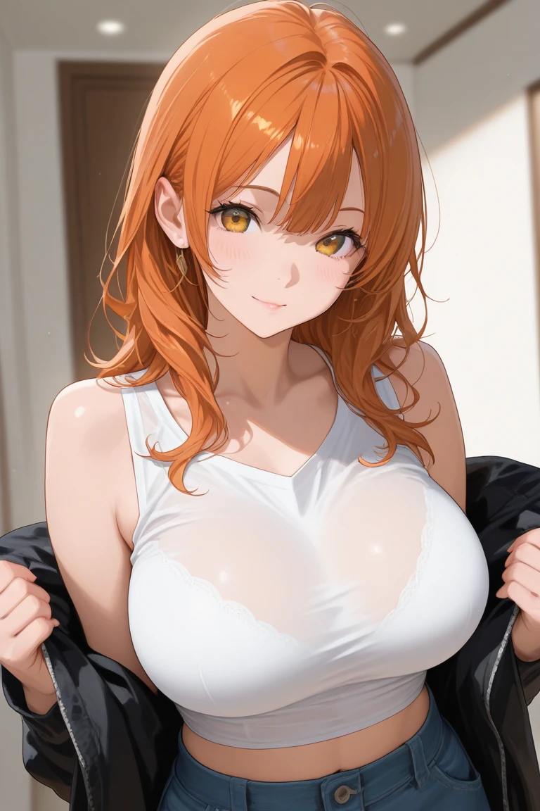 1 girl, Alone, Upper part of the body,
Orange hair, wide,
orange eyes, long eyelashes, thick eyelashes, looking at the viewer,
SMILE,
White shirt,
White background, simple background, ((busty1.87,)) (giant breasts:1.2),