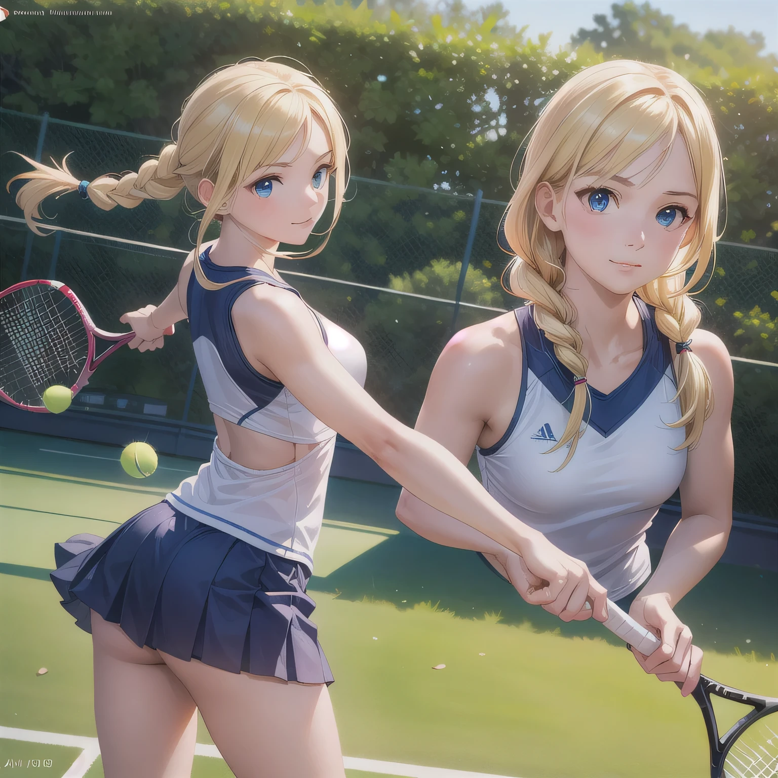 A beautiful mid-twenties woman with long, blonde hair up in a bun. She has big breasts and blue eyes and delicate features, with a confident and dominant expression. She is playing tennis and is in a dynamic pose, striking at the ball with intensity. The background shows a tennis court, and her outfit is sporty. The scene shows her whole body in action, rendered in a highly detailed digital painting style. The focus is on vibrant colors, dynamic lighting, and artistic details, capturing the energy and motion of the moment