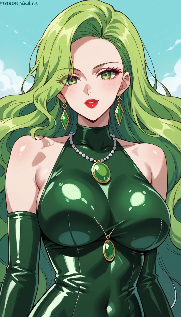 Long Hair,Green Hair,Big Breasts,Bodysuits,Shiny skin,Black Background