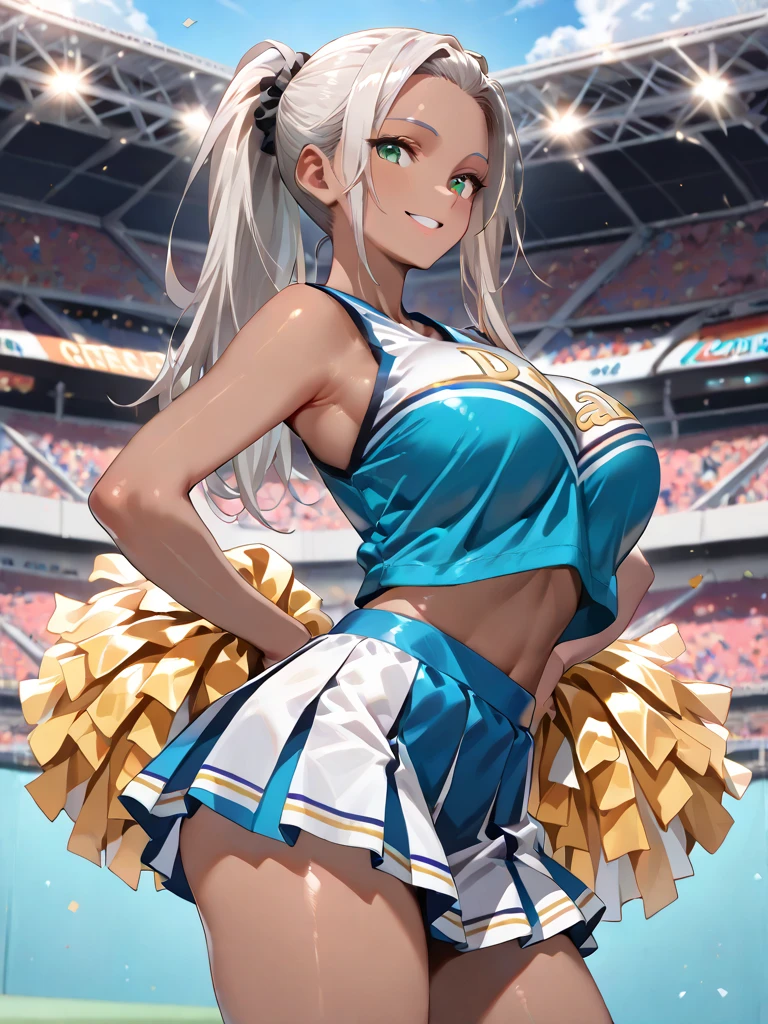 //Character,
Cheerleader, dancing, Very bright smile, Age 25, Mature woman, ((Narrow eyes, Bright Eyes)), (VERY long straight hair, white hair, soft hair, blunt bangs, beautiful detailed yellow eyes, red Eyeliner:1.2, shiny happy smile, beautiful fang, (nup, cheerleader:1.2) ),
BREAK,
//background
, Stadium, dome, grass
//Graphics
(masterpiece,best quality), absurdres, absolutely resolution, incredibly absurdres, highres, ultra detailed:1.0, official art, unity 8k wallpaper,