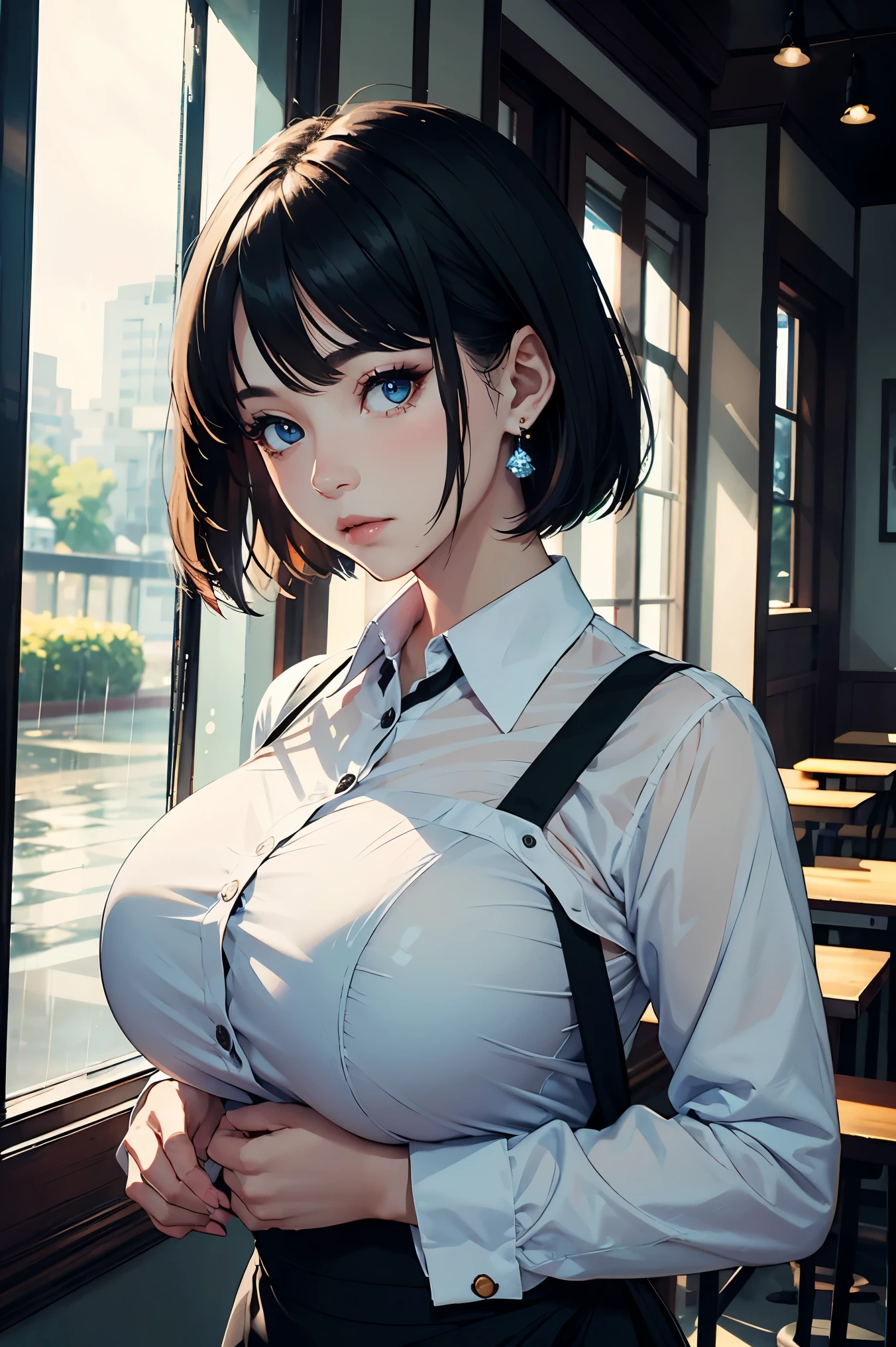 (8K, Best quality, Masterpiece: 1.2), (Realistic, Photorealistic: 1.37), Super detailed, 1 girl, Cute, Alone, Beautiful detailed sky, Detailed Cafe, Night, Sitting, Date, ( nose blush), (closing the mouth) , Beautiful details, (Collared shirt: 1.1), Night, Wet, business dress, rain, White lace, (Short hair: 1.2), Floating hair NovaFrogStyle,huge tit,gigantic cleavage breasts