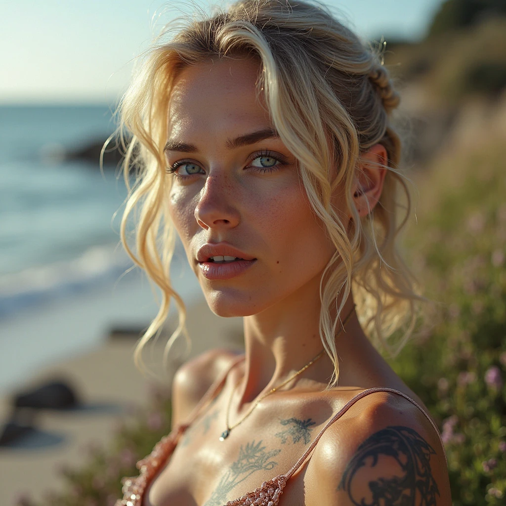 , (Ultra quality:1.2), (Ultra detailed:1.2), (Ultra detailed clothes:1.2), (Ultra detailed face:1.2), (Ultra detailed eyes:1.2), (Ultra detailed body:1.2), (Ultra detailed weapons:1.2), cinematic film still {prompt} . shallow depth of field, vignette, highly detailed, high budget , cinemascope, moody, epic, gorgeous, film grain, grainy, dark shadows ,   masterpiece ,ultra-detailed , an extremely delicate and beautiful girl, 1girl, light smile, hair clip,  hairclip, seashore
, red rose  orchid and lilac vegetation, sunset, A beautiful portrait of a young stunning woman in
 art nouveau aesthetic,  Fantasy, Body Covered With Exotic Tattoos, Lovers , Realistic, Hyperrealism, European Girl With Beautiful Blue Eyes, Naughty couple,  perfect hands, perfect finger shapes, beautiful legs, fit body, barefoot ,long blondish  brunette hair , naughty elegant poses ,dark blue beautiful symmetric eyes ,perfect eyes,extremely detailed face, lifelike photography, ultra high detailed,naughty smile ,high  quality ,alluring beauty full body shot, gorgeous Russian girl, awesome action photos, realistic, hyperrealism, fantasy , beautiful fit body, beautiful legs,  , golden ratio,   , (((((Full Body Shot, back shot, front shot, side shot, queen of the pirates, perfect couple , heavily armed, she is wild and  beautiful, pistol and swords))))) beautiful white teeth, 