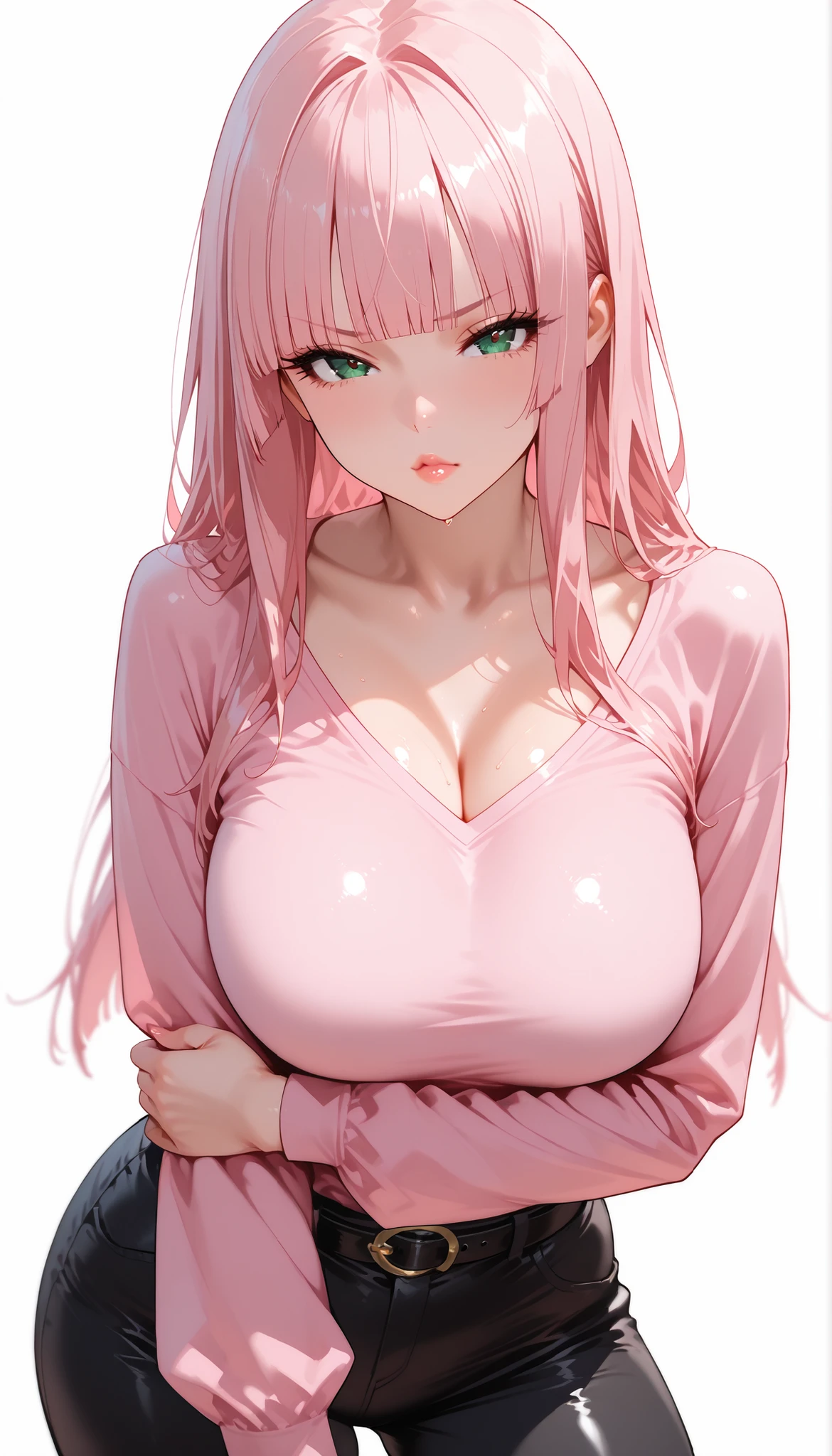 SFW (masterpiece, best quality, 32k) anime woman with medium pink hair ((pastel pink hair, pale pink hair, bangs, diagonal bangs, straight bangs, straight hair)), ((yellow eyes, brown eyes, amber eyes, golden eyes, detailed eyes)), ((eyeliner, eyeshadow, lipstick, light makeup)), ((pale skin, porcelain skin, white skin, smooth skin)), outside, outdoors, city, street, sidewalk, simple background, standing, leaning back, confident pose, at-ease. ((white blouse, sleeveless blouse, bare shoulders, tight blouse, taut blouse, sheer nlouse, high-waisted skirt, black skirt, taut skirt, tight skirt, pantyhose, sheer pantyhose)), ((huge breasts:2.5, enormous breasts:1.5, gigantic breasts:1.5, round breasts:2, heavy breasts:1.5, framed breasts)), ((slim:1.4, lithe:1.4, slender:1.4, thin:1.4, busty:1.2, buxom:1.2)), ((round hips, thin waist, waspish waist)), ((long legs, slender legs)), small smile ((full lips, red lips)), ((cheerful expression:1.5, happy expression:1.5, seductive expression:1.5, sensual expression:1.5)), open eyes, large eyes, expressive eyes, head-to-waist portrait, cinematics, color oil painting, cinematic lighting, ((extremely detailed face)), ((finely detailed face)), Extremely detailed eyes, finely detailed eyes, beautiful face, beautiful eyes, perfect lighting, depth of field, (realistic proportions), (good anatomy), ((solo:1.6)), ((1girl:1.6))