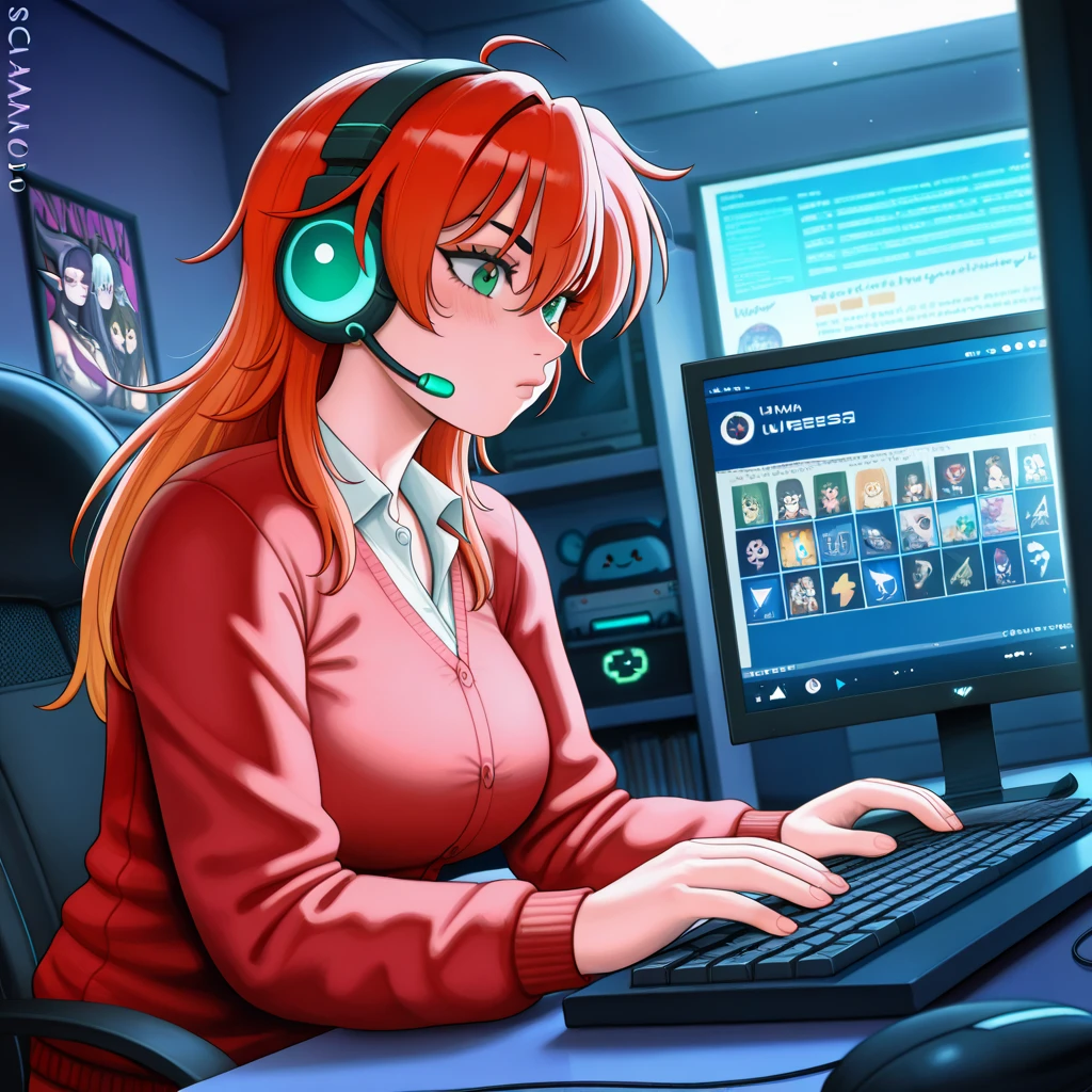 Extremely detailed cartoon by Yoshiyuki Tomino, 4k, UHD, absurdres, StareWare,
1 woman looking at screen, desktop computer , sitting on sofa, dark room, lit by screen, hypnotized,
<lora:StareWare:0.8>