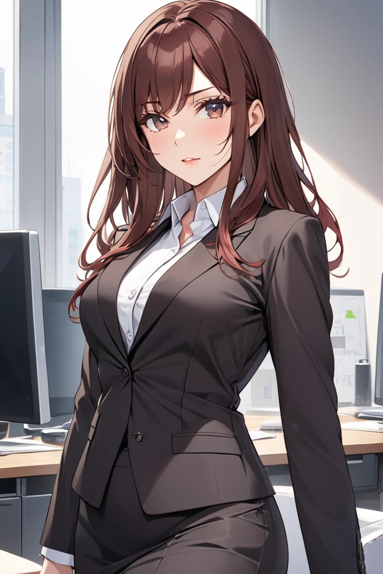 (Wiz), 1woman, wearing a office suit, black tight skirt, at an office, big breasts, (light brown colour hair), (one eye covered by hair), 8k, high detailed, high quality