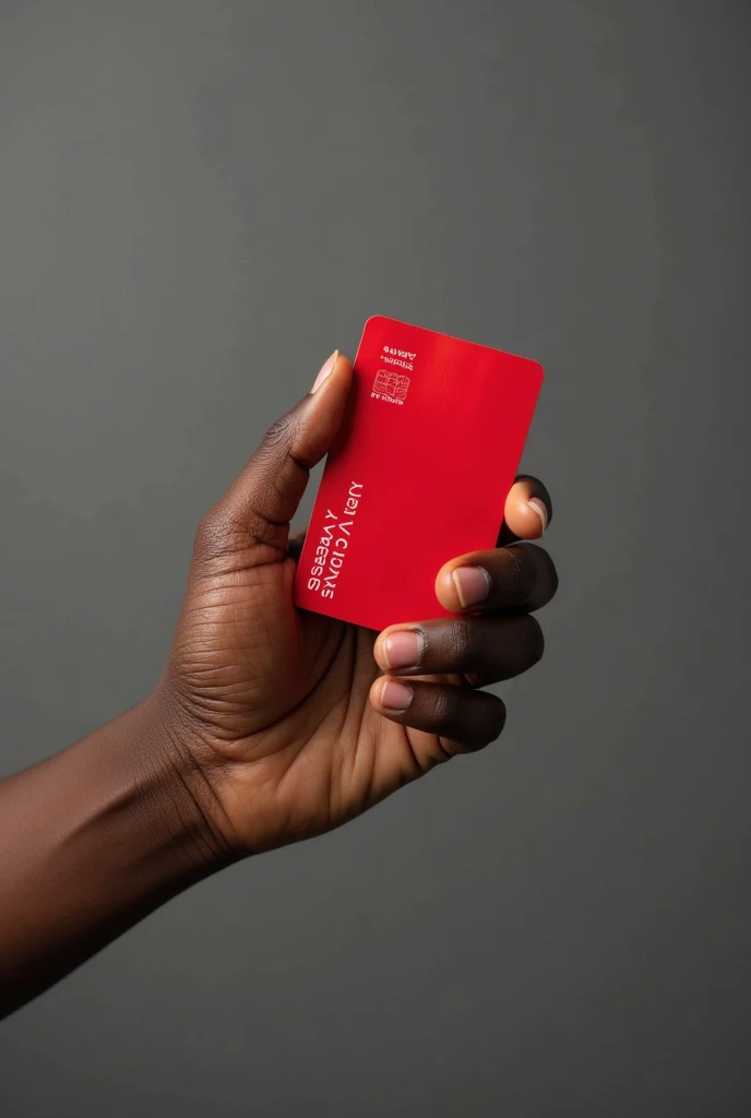 Mixed race man, strong and muscular, smooth-faced and short-haired, in navy blue shorts, Grinning, showing a credit card with red and black colors, written on it “RIBEIRO CARD” in capital letters.