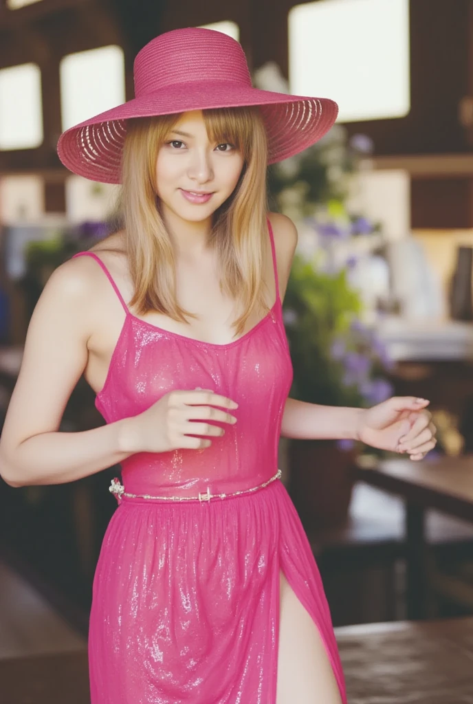 (she is a mature woman)、(She has an embarrassed look on her face)、(she is smiling and looking at the camera)、(She wears a cute collar with a big bell on it.)、 (She has long golden hair and messy curls.:1.2)、(she has a very thin body:1.2)、(she has very small breasts:1.2)、(She is wearing an embarrassingly short miniskirt.:1.2)、(She wears very sensational, eccentric and unique underwear:1.2)、(She wears frilly lingerie and a garter belt:1.2)、 (She's standing)、(She has her hands on her hips)、(she is showing her armpits)、(Top image quality、top-quality、Top resolution、Masterpiece、ultra-detailliert、foco nítido、depth of fields、8K)、(The location is an old ruined amusement park in the daytime.)、(Lots of trash, scrap metal, broken vehicles, etc. are scattered around.:1.2)、(It's a messy background:1.2)