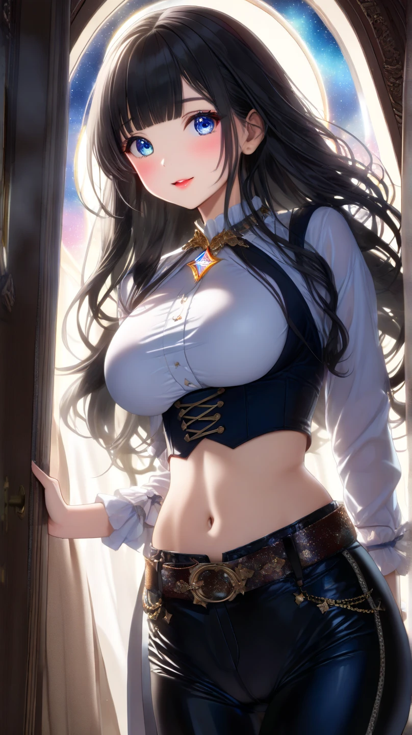 (masterpiece, best quality, very aesthetic, absurdres), no_lighting, looking at viewer, solo, smile, grin, 1girl, long_hair, bangs, blunt_bangs, black_hair, hairband, earrings, breasts, huge breasts, thick_thighs, blue eyes, blouse, white blouse, short sleeves, shorts, black shorts, boots, choker, black choker, underboob, areola_slip, blue_footwear, bright_pupils, cowboy shot, dark background, black background, (ultra detailed perfect piece:1.2), illustration, masterpiece, (extremely detailed CG 8k), (very fine 8K CG) 