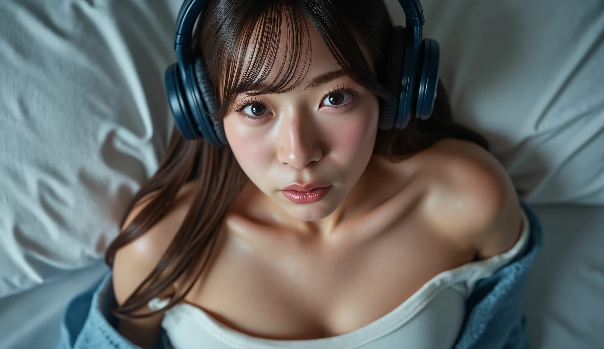 Photoreal, 8k, Soft diffused natural light, 1girl, Japanese, has several long collarbones hanging over her face、long, straight, light chestnut hair, naked body, small breasted, bare breasts. large wireless dark blue headphones are placed around her neck, earpads are placed along her collarbone, The headband curves gently at the back of her neck. thin A blue cardigan is loosely draped over her arm, fully exposing her shoulders and collarbone, her hands are hidden in her sleeves.
She's sitting on the bed, her hands are placed on their sides , sweat is in close contact with her blushing skin, bare breastsの間を小さな水滴が流れている, It goes down her abdomen. her blue eyes are captured by the camera, She has a charming gaze. soft indirect lighting casts gentle shadows, accentuates her sensual vibe. Overhead Closeup Shot.