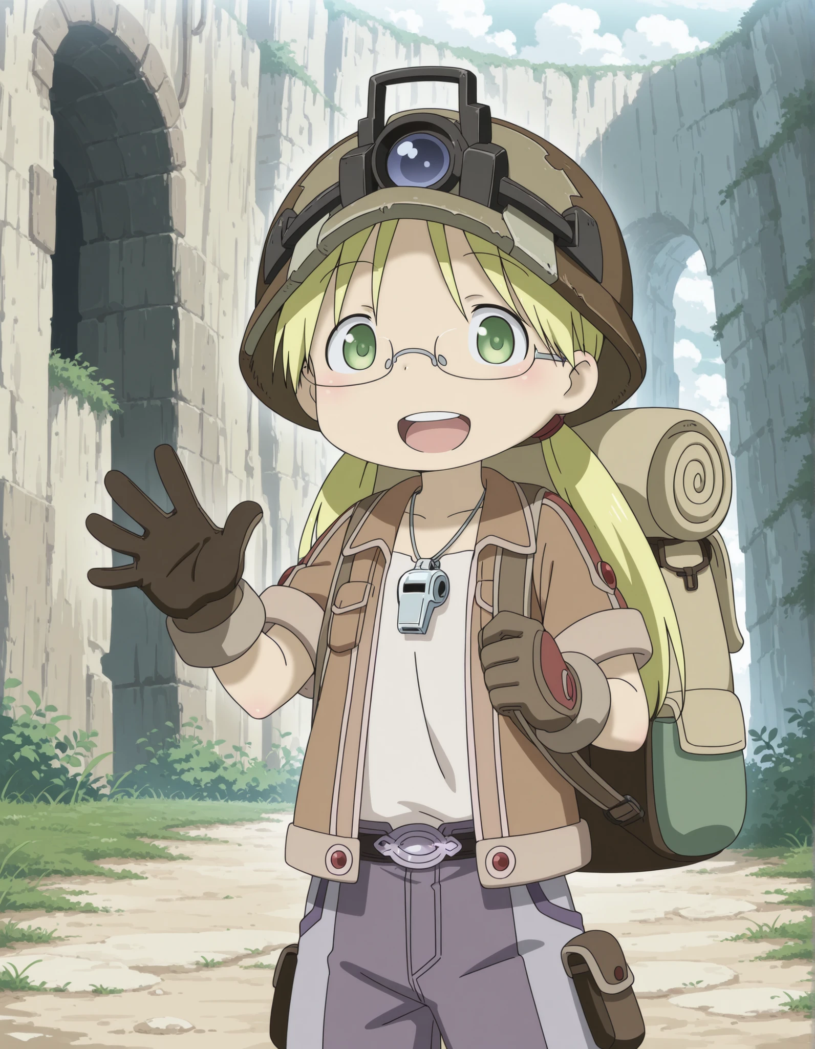 made in abyss,, anime, Perfect Hands, perfecteyes, BREAK
1girl, solo, mabyss, scenery, thirdlayer, riko \(made in abyss\), blonde hair, green eyes, glasses, low twintails, gloves, jacket, short sleeves, :d, open clothes, teeth, pants, bag, open jacket, backpack, helmet, , brown gloves, brown jacket, waving, female , whistle, whistle around neck, looking at viewer, brown helmet,