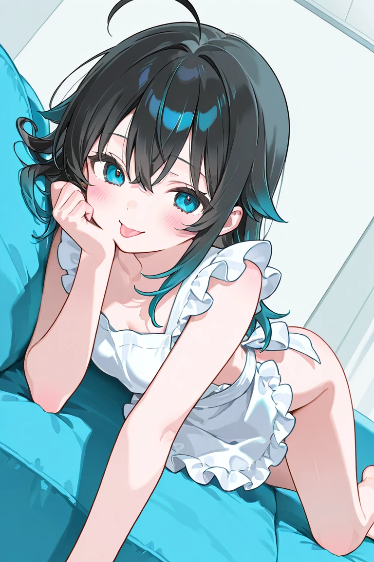 finger to mouth,lick,from front,front view,looking at viewer, looking ahead,from above,cowboy shot,1girl,Beautiful 14 year old girl,Japanese,Slender,,low length,Small breasts,Thin legs,Small Ass,Baby Face,Small face,Black Hair,two side up,Gray Eyes,Drooping eyes,slit pupils,narrow eyes.middle School girls,Black collar with black leash,A see-through black and light blue negligee,Sexy Lingerie,open mouth,tongue out,front face,Kneeling,Straight Stand,Beautiful and detailed anime art,Mischievous smile,Sexy vibe,cum on tongue,Dimly lit room,On the bed,Simple Background,Gray background,Low lighting,