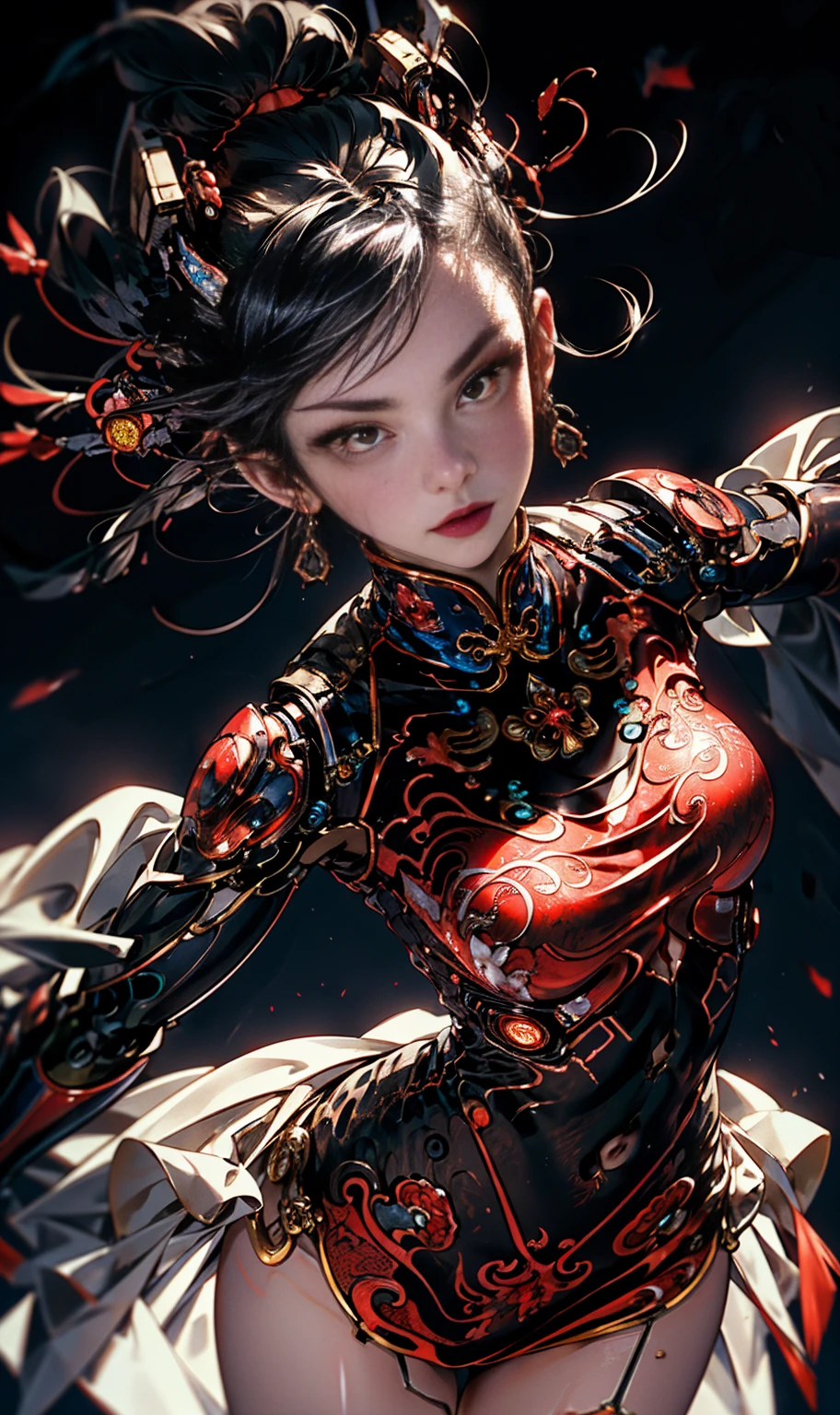 (masterpiece:1.5), (((top quality, best quality, high quality))), ((intricately detailed, ultra-detailed, insanely detailed)), highres, 32K, extremely detailed unity CG 8K wallpaper, (beautiful and aesthetic:1.2),, (depth of field:1.3), (immaculate:1.3), (delicate detailed depiction:1.4), (photorealistic:1.4), (surrealism:1.3),
(((brilliant full lighting, luscious vibrant colors))),  (ambient volumetric backlighting:1.5), (illustration of an immensely beautiful woman:1.3),
(upper body:1.4),  (perfectly centered:1.4), (natural willowy posture:1.5), (((dynamic pose, cinematic angle))),
(1girl:1.5), (solo:1.4), (cyberpunk:1.4),
beautiful gorgeous face, [(detailed face:1.2):0.2], bright eyes, pureerosface_v1, ulzzang-6500-v1.1,  (closed mouth:1.5), (red lips:1.4), (full lips:1.4), (tender smile:1.4),
attractive flawless body, (((pronounced feminine curves))), bright glistening skin, realistic skin, skin pores, (voluptuous:1.5), (((toned belly, groin:1.3))), narrow waist,
(((cyberhanfu, cheongsam, chinese_clothes, <lora:cyberhanfu_20230617014620:0.75>))), (sparkling exquisite transparent:1.3), (explicit costume:1.5), (ornate glittering shrug and pasties:1.4), (ornate loincloth:1.5), (((fluttering golden fabricated threads))), (fringed tassels:1.3), (long butterfly sleeves:1.4), (gems-adorned collar:1.4), (velvety thighhighs:1.5), (baroque style jewelry design:1.5), (fabrication glitters:1.5), (luxury intricate clothing jewelries:1.5), (jeweled embroideries:1.4), (clothing sparkles:1.4), (sparkling particles:1.3), (((sagging front seam, sagging hind seam))), (((earrings, armlets, hairclip, hair ornaments))), 
(walking in a futuristic city with extremely advanced technologies:1.5), (fantasy:1.5), (surreal delicate background:1.5), (intricate complex scene:1.5), (mesmerizing atmosphere:1.5), (captivating spectacular scene:1.5), <lora:detail_slider_v4:1.8>,  <lora:more_details:0.75> , <lora:light6:1.5>, <lora:GoodHands-vanilla:1>, <lora:weight_slider_v2:0.55>