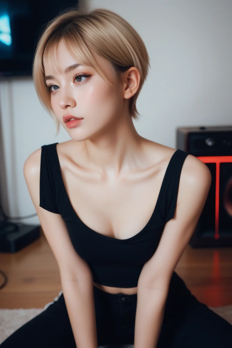 1girl wearing black transparent tank top wattson \(apex legends\), wattson, (best quality, masterpiece, dynamic angle, highest detailed),upper_body, tight, blonde hair,short hair,blue eyes,detailed eyes,expressive detailed eyes,wide eyed,detailed pupils,orange ,black transparent tank topwhite pants,small_breasts,cut face,big eyes, face details,