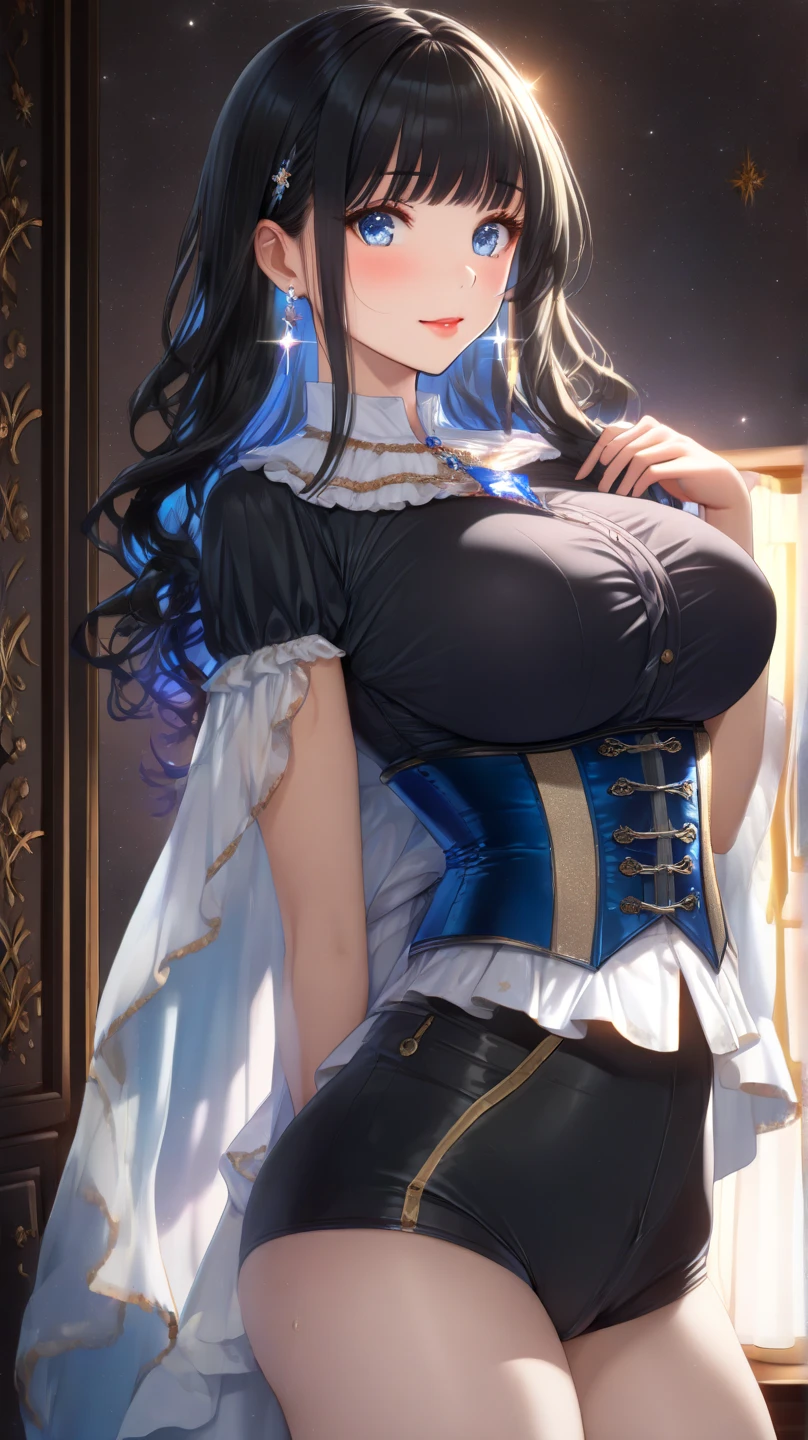 best quality, extremely detailed,anime style 1girl,long hair down to the waist, straight hair, ((((dark black hair with bluish)))),((crown braid)),ponybun,beautiful detailed eyes, pinched eyes, (dark blue eyes),((huge breasts)),curvy,((((white and darkblue gorgeous princess dress)))),((((coat)))),Fine decoration,clothing with complex patterns,((((princess room)))),((Detailed background)),((Comfortable posture)),((light smile)),((((Composition with a sense of life)))),from above,Chinese