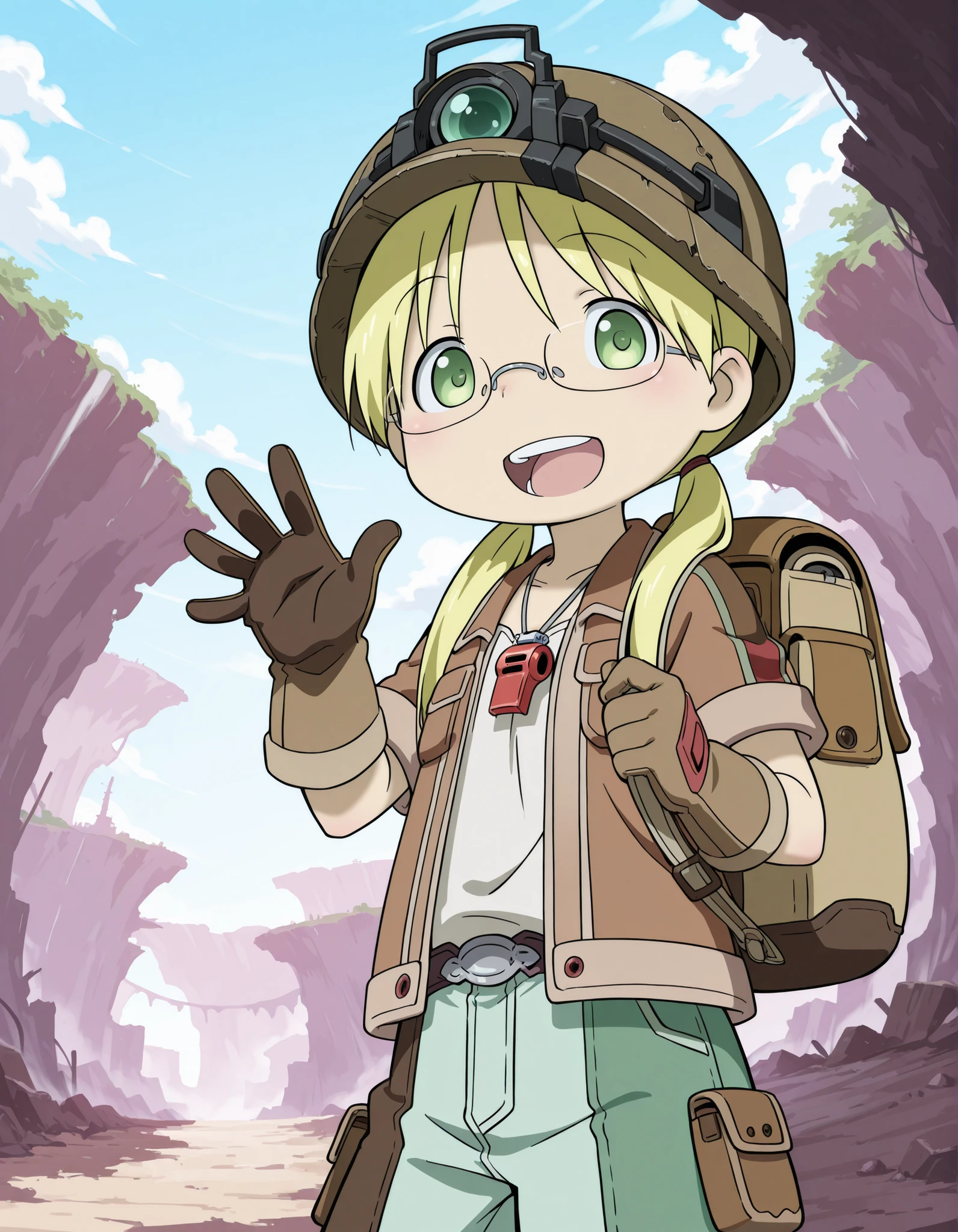 made in abyss,, anime, Perfect Hands, perfecteyes, BREAK
1girl, solo, mabyss, scenery, thirdlayer, riko \(made in abyss\), blonde hair, green eyes, glasses, low twintails, gloves, jacket, short sleeves, :d, open clothes, teeth, pants, bag, open jacket, backpack, helmet, , brown gloves, brown jacket, waving, female , whistle, whistle around neck, looking at viewer, brown helmet,