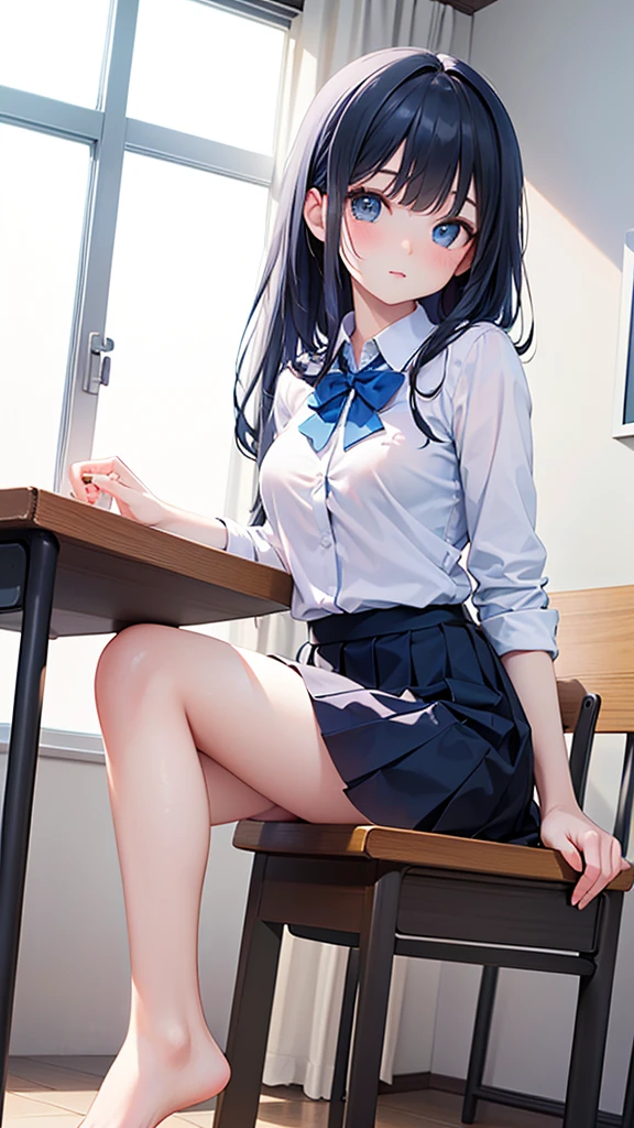 (1girl, Alone, alone), (gundou misuzu, gundou_misuzu, black hair, black eyes, tied hair, hair with bangs, blue scrunchies, blue hair clip), ((Alone, (1woman, black eyes), extremely detailed, soft ambient lighting, 4K , perfect eyes, a perfect face , Perfect Lighting, the 1 girl)), ((fitness, , shapely body, athletic body, toned body)) , ((school uniform, dark blue cardigan, red striped tie, white dress shirt , black skirt, full skirt, blue socks, brown shoes, school, classroom, windows, garden, clouds, flowers, blue sky, sitting on the chair, full body))