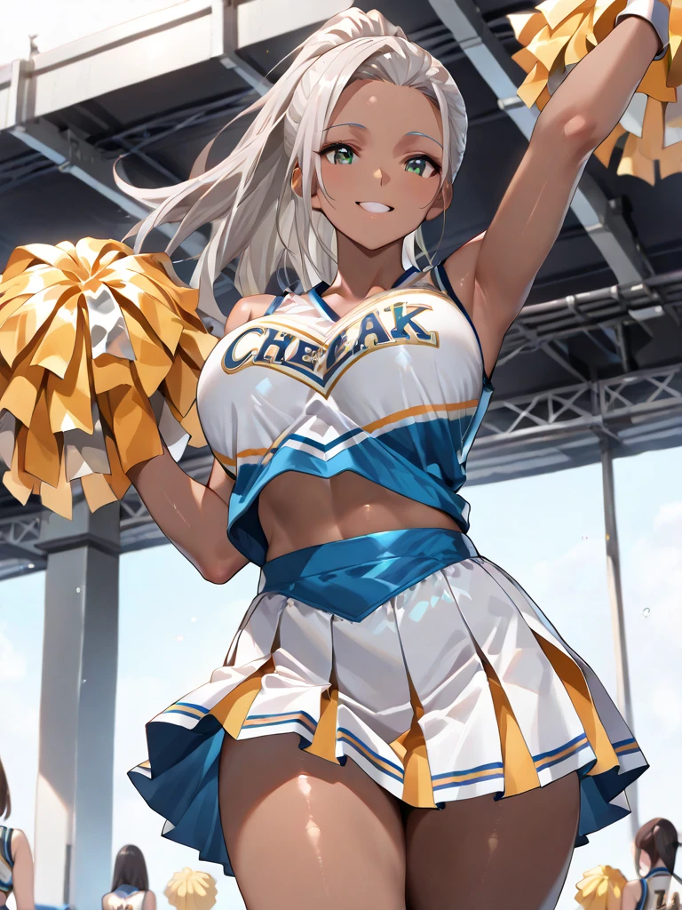 (masterpiece:1.3), (8k、Highest quality:1.4), (Best image quality, Intricate details, High resolution, Depth Field, Natural light, Professional Lighting), (1 girl), (alone), (Asian, Very beautiful 18 year old manga), (Very beautiful woman、Attractive beautiful woman, 美しい銀髪のBobcut, 強い青いeye, 強いeyeのハイライト, Very large breasts, Perfect Anatomy, Dynamic Lighting, Lip gloss), A beautiful face with perfect symmetry, Beautiful detailed woman, Very beautiful detailed face, とても美しい詳細なeye, Smile at the audience, Smiling very happily, Beautiful Teeth, Beautiful Teeth alignment, Very detailed, Very detailed, Beautiful Teeth, Beautiful Teeth alignment, Very detailed, Very detailed, ((Detailed cheerleader:1.2)), The light shines on your face, ((Dynamic pose)), Bobcut, Crossed bangs, Asymmetrical bangs, Long neck, Show me your ears, disappear'eye, eyelash, cute, Very large breasts、Very beautiful and big, Very beautiful breast shape, Beautiful cleavage, Tall Supermodels, Long-legged supermodel, Supermodels dressed as cheerleaders, Strike a Pose, Dressed as a cheerleader, Close-up of a woman, To the camera, Laughter, (Cheerleader Outfits), ((head band, Sleeveless shirt with open chest, flare skirt, mini skirt)), A young and slender gravure idol, Young Gravure Idol, Young Gravure Idol, Stadium background in the daytime