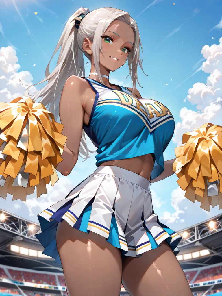 Score_9, BREAK, 1girl, white hair, curly hair, parted bangs, dark skinned girl, very dark skin girl, long hair, low twintails, bare forehead, blue eyes, puffy lips, breasts, thighs, young girl, red cheerleader outfit, midriff, skirt, sports field, blue sky, smile, open mouth, shiny skin, (cowboy shot), body upclose, standing