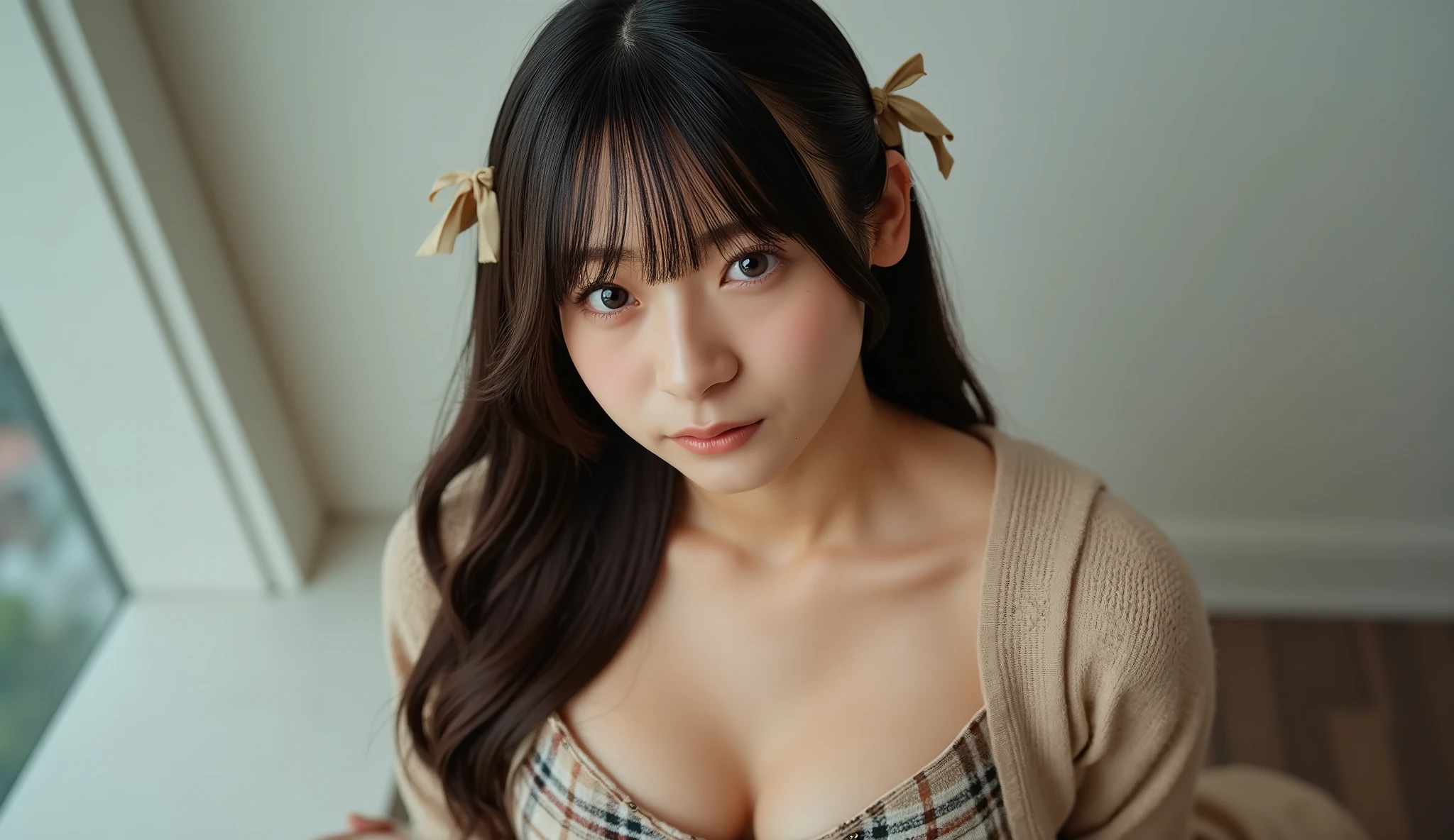 Photoreal, 8k, Soft diffused lighting .  long young woman , Softly styled dark brown hair, Flowing Waves, light makeup, naked body, bare breasts, small breasts. The top of her hair is gently pulled back、fastened with 2 small beige thin ribbons near the back of her head, the rest flows smoothly over the shoulders. Her soft, light bangs wrap around her face, romantic vibe of the, Exposing the forehead.  she looks directly into the camera 、Acting cute.
she is wearing a thin beige long sleeve full knit cardigan with a white round Peter Pan collar, on her arm is completely unbuttoned、wide open, On her arm, fully exposing her shoulders and collarbone. 4 small silver flower-like buttons are evenly arranged in the center.
from her waist、loosely wearing a large oblique plaid skirt in cream and black. structured pleats add volume and movement, The large oblique plaid in various shades of. perfect beautiful face facing a small city, Overhead Closeup Shot.