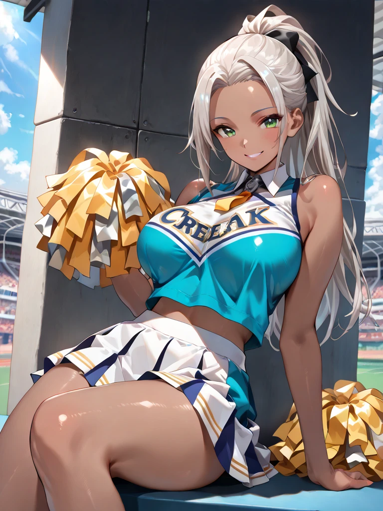 ((day:1.5)),outdoors, ((extremely detailed background)), track and field, sunlight, blue sky,
standing, facing viewer, cowboy shot,
white hair, very long hair, long twintails, (left blue eyes 1.2), (right yellow eyes:1.2), heterochromia, bangs, hair clip, thick thighs,
((cheerleader, navel, pom pom \(cheerleading\), skirt))
1girl, solo, (20 years old:1.5),Beautiful Finger,Beautiful long legs,Beautiful body,Beautiful Nose, perfect face,(mature:1.1),(milf:1.1),(mature female:1.3),make up,parted lips,(shiny skin:1.3),(perfect female body:1.2),(gorgeous detailed skin),(detailed hair), masterpiece, high quality, highres, absurdres,(beautiful and aesthetic:1.2), beautiful hand, 4k, 8k, perfect balance, perfect eyes, expressive eyes, detailed aqua eyes,
looking at viewer, smile,
ray_tracing,intricate details,depth of field, extremely delicate and beautiful,bokeh,beautiful reflection,perfect lighting
(Beautiful,large breasts:1.3), (beautiful_face), (narrow waist),