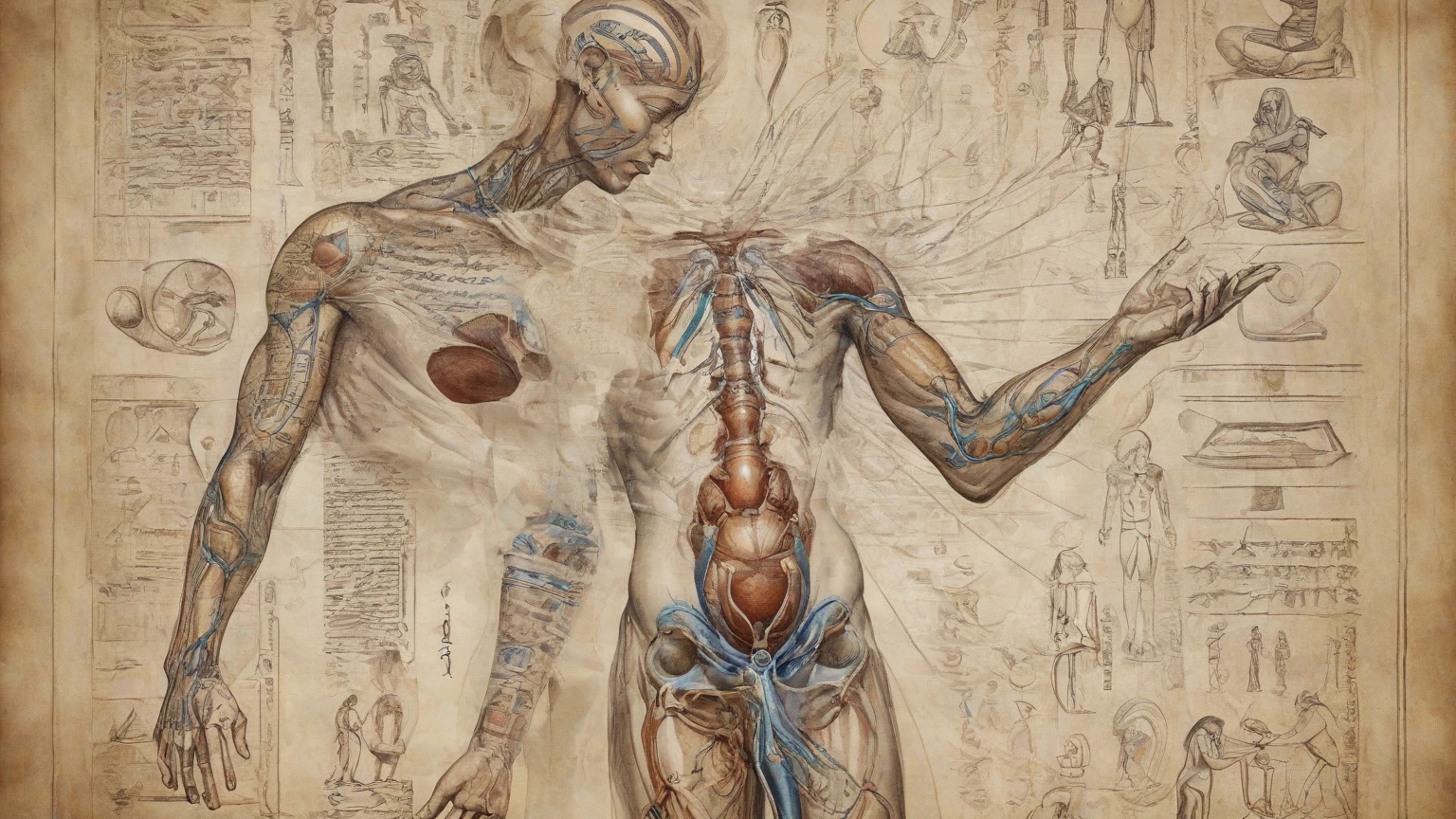 A sepia-toned anatomical drawing, reminiscent of Leonardo da Vinci's Vitruvian Man, is centered within a rectangular frame with a rough, textured border. The figure stands with arms extended outward, legs apart, and slightly turned to the right, forming a T-shape within the circular boundary. The human anatomy is intricately detailed with fine lines, showcasing muscles, skeletal structure, and other anatomical features. The man has curly hair and a serious expression, facing slightly forward. A large circular line encloses the entire figure, intersecting with a geometric square grid that divides the body into sections, creating a harmonious blend of art and science. Handwritten text in an old-style script fills the top and bottom sections of the image, written in a dark brown ink on the aged parchment-like background. The text is dense and difficult to decipher, consisting of multiple lines arranged in a curved formation. At the bottom center, there is a smaller handwritten inscription: 'tomato eplormo melo (a) in fina plex' in a cursive script. The overall effect is scholarly and historical, with a balanced exposure and moderate contrast, creating a documentary-style representation typical of Renaissance illustrations. The color palette consists of muted beige, brown, and dark brown tones, contributing to the vintage appearance and historical feel of the image.