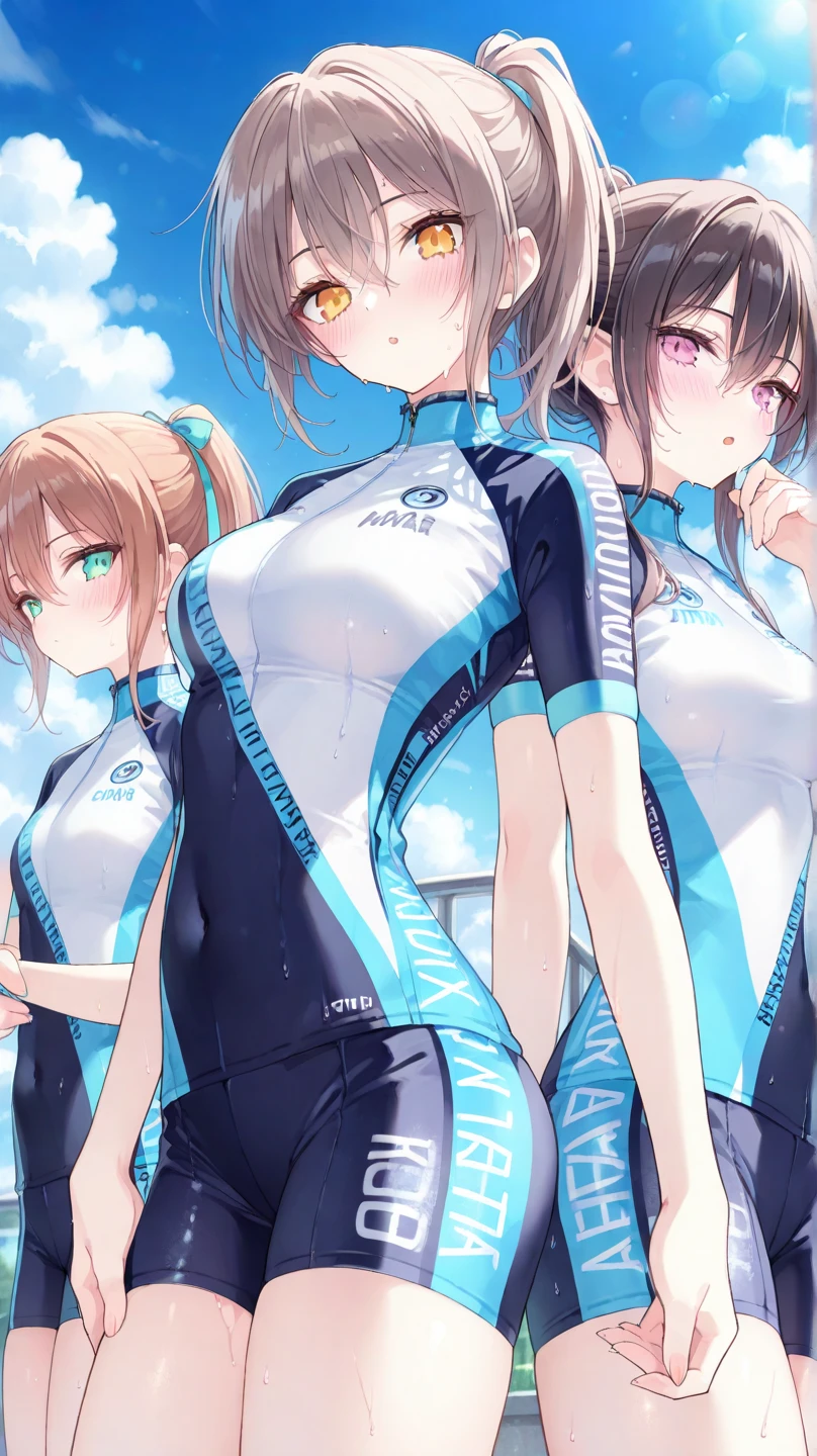 1 girl, solo, Highest quality, masterpiece,smile、(Anime illustration style:1.2),Hayate Yagami, (eating iced-cream), 、low twintale、a little lighter brown hair、Closed Mouth、short sleeve cycling jersey、cycling half pants、Cowboy Shot、(Genuine、Realistic、Realistic:1.10)、High resolution、超High resolution、Ultra-fine painting、Sharp focus、Physically Based Rendering、Cowboy Shot,(Moe:1.10)、looking at viewer, leaning to the side, standing, (white background)